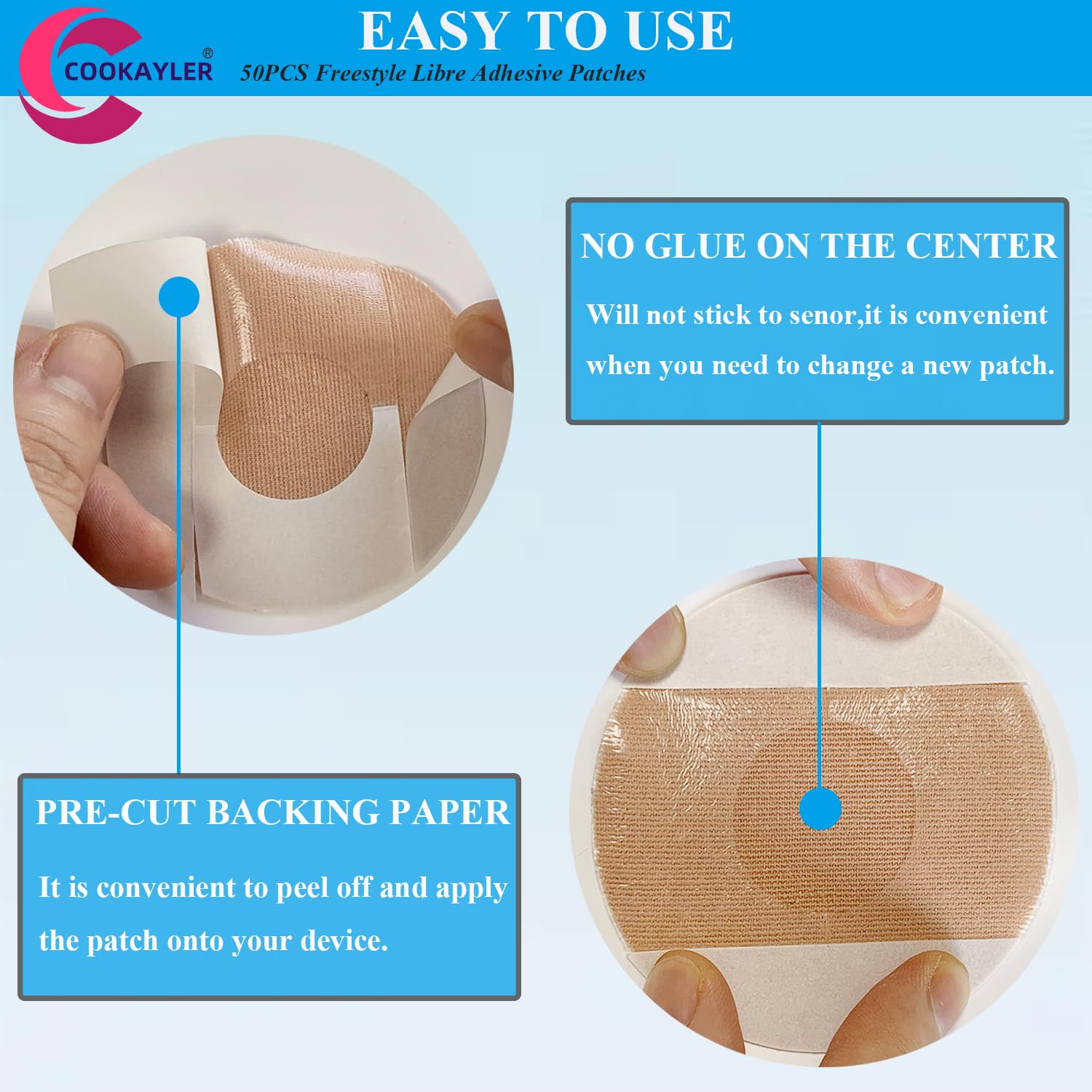 50 Pack Waterproof Sensor Covers for Freestyle Libre 2/3 - CGM Adhesive Patches with No Center Glue, Pre-Cut Tape for Continuous Glucose Monitor Protection (Tan) | Ideal for Swimming, Sports & Daily Wear