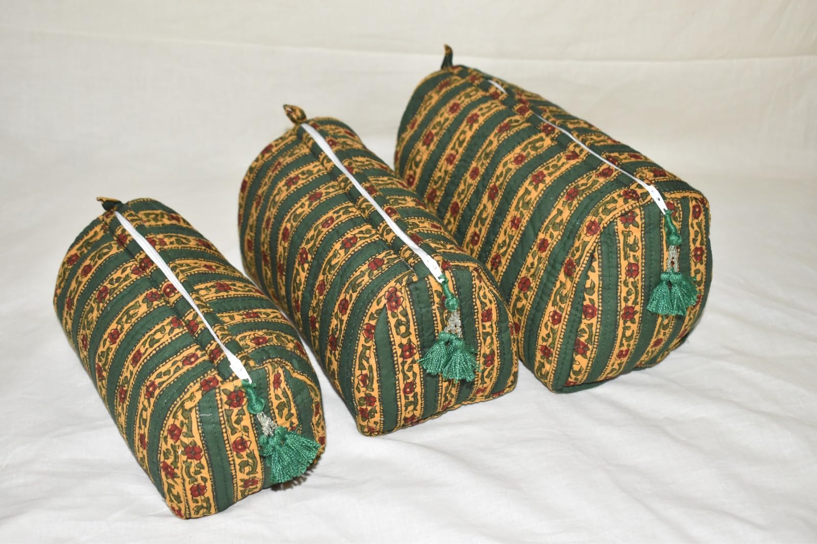Handmade Jaipur Cotton Wash Bags - Set of 3 Eco-Friendly Toiletry & Cosmetic Pouches for Travel, Makeup Kit Storage | Vanity Organizer Bags in Green | Perfect for Gym, Vacation & Daily Use