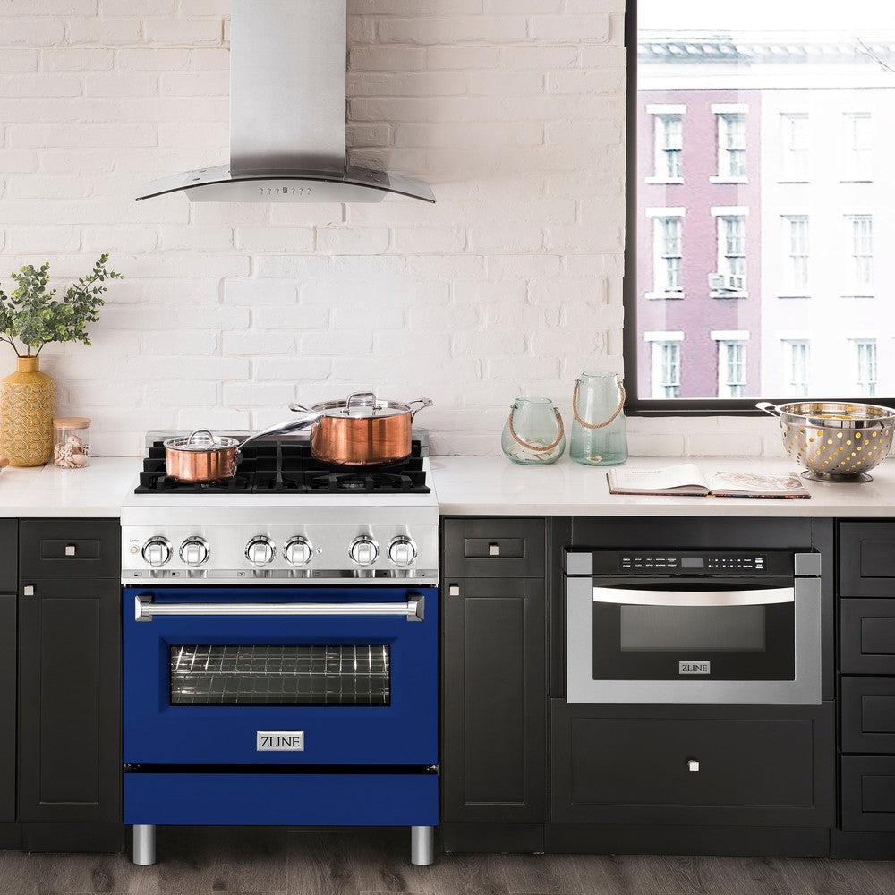 ZLINE 30-Inch 4.0 cu. ft. Stainless Steel Dual Fuel Range with Blue Gloss Door - 4 Burner Gas Cooktop & Electric Convection Oven | Perfect for Modern Kitchens, Home Chefs & Professional Cooking