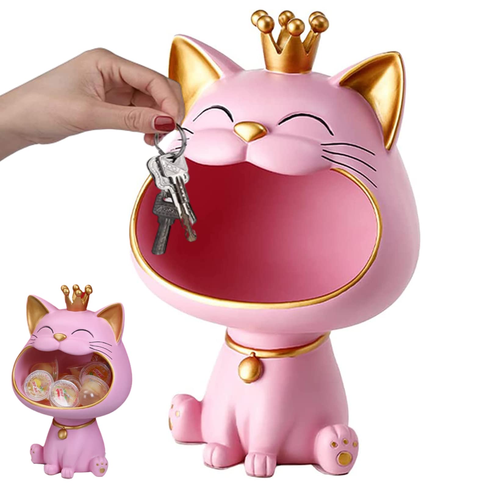 Lucky Cat Figurine Key Holder - Resin Animal Shaped Bowl for Jewelry, Earrings & Snack Storage - Pink Home & Office Desk Organizer for Table, Bar Counter & Entryway Decor