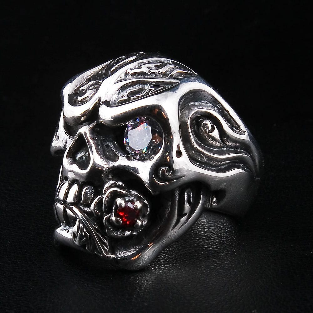 Rose Bite Skull Sterling Silver Biker Ring for Men & Women - Gothic Punk Jewelry for Motorcycle Riders, Rock Music Fans & Alternative Fashion Lovers
