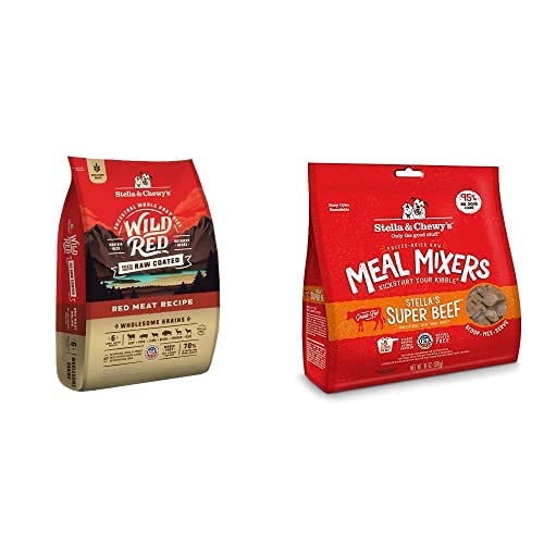 Stella & Chewy's Wild Red Raw Coated Kibble Dry Dog Food - Wholesome Grains Red Meat Recipe, 21lb Bag | Freeze-Dried Raw Meal Mixers Dog Food Topper - Stella's Super Beef Recipe, 18oz Bag | High-Protein Nutrition for Active Dogs & Puppies | Perfect for Training Rewards & Mealtime Enhancement