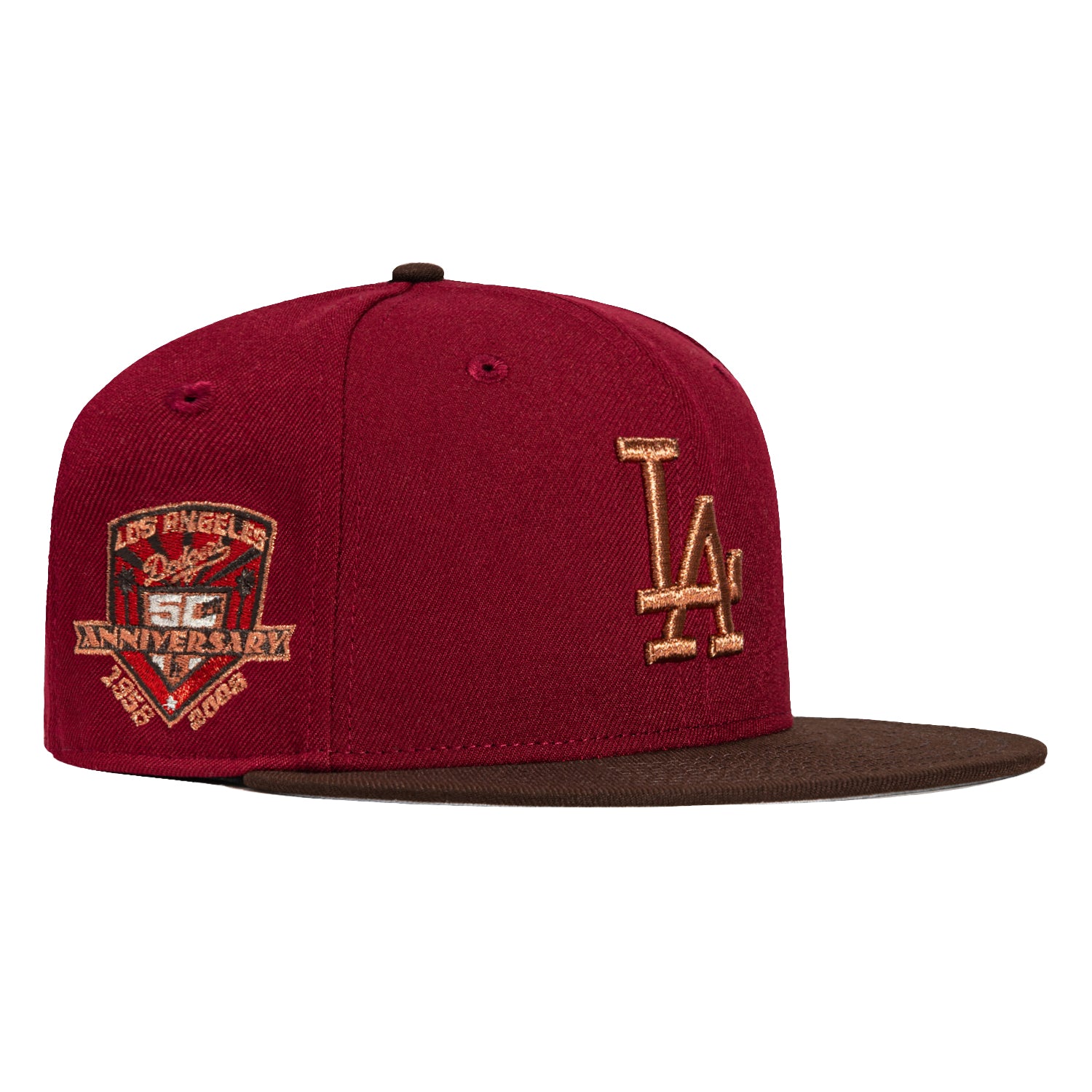 New Era 59Fifty Los Angeles Dodgers 50th Anniversary Patch Snapback Hat - Cardinal Red, Brown & Metallic Gold - MLB Baseball Cap for Men & Women - Perfect for Games, Collecting & Streetwear Fashion