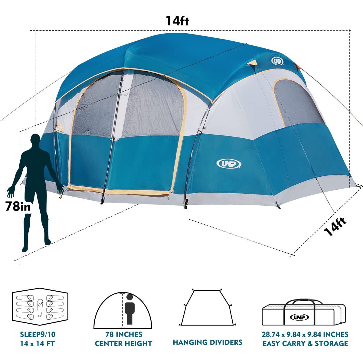 UNP 8/9 Person Family Camping Tent - 14'x14'x78