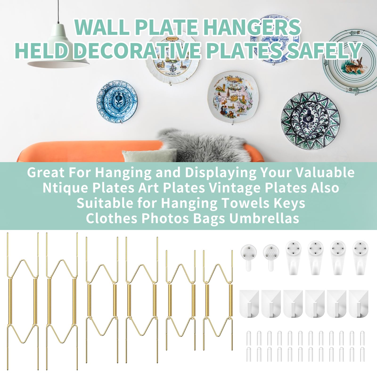 6-Piece Golden Stainless Steel Wall Plate Holders (8/10/12 Inch) - Decorative Plate Hangers for Antique & Art Plates Display - Perfect for Kitchen, Dining Room & Home Decor Wall Arrangements