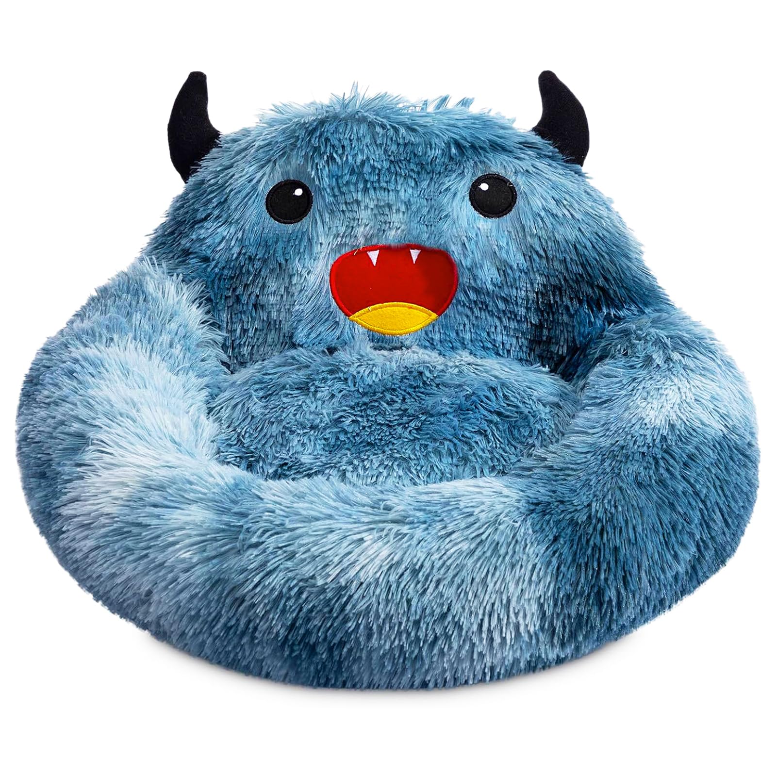 Hollypet Self-Warming Donut Pet Bed - Round Faux Fur Luxury Cozy Cat & Dog Bed - Medium Size Blue Pet Nest for Indoor Sleeping - Perfect for Winter Warmth and Comfort in Living Room or Bedroom