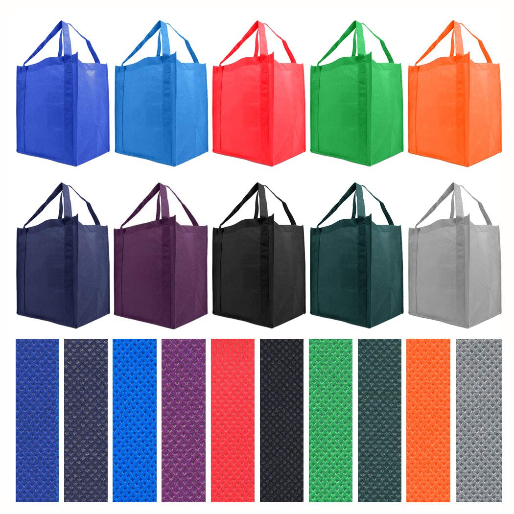 Eco-Friendly Reusable Grocery Bags - 10 Pack Durable Wide Tote Bags with 20-Inch Reinforced Handles, 13x15x10 Inches Shopping Bags for Groceries, Market & Beach - 10 Color Variety, Sustainable Gift Bags for Everyday Use