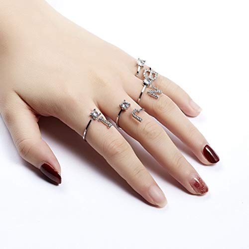 2PC Initial Letter Ring Set for Women - Gold & Silver Diamond Rhinestone Studded Zirconia Open Adjustable Rings | Personalized Jewelry Gift for Her | Perfect for Birthdays, Anniversaries & Valentine's Day