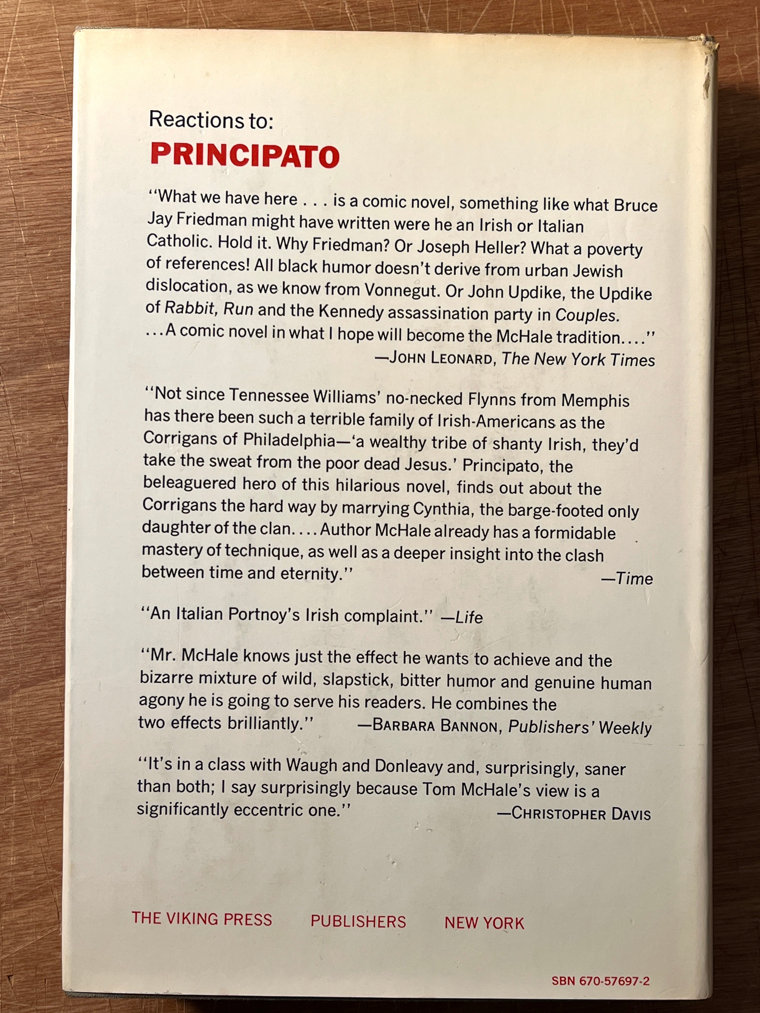 Principato by Tom McHale - First Edition Hardcover (2nd Printing, 1970, Viking Press) | Vintage Collectible Book for Literature Enthusiasts & Book Collectors