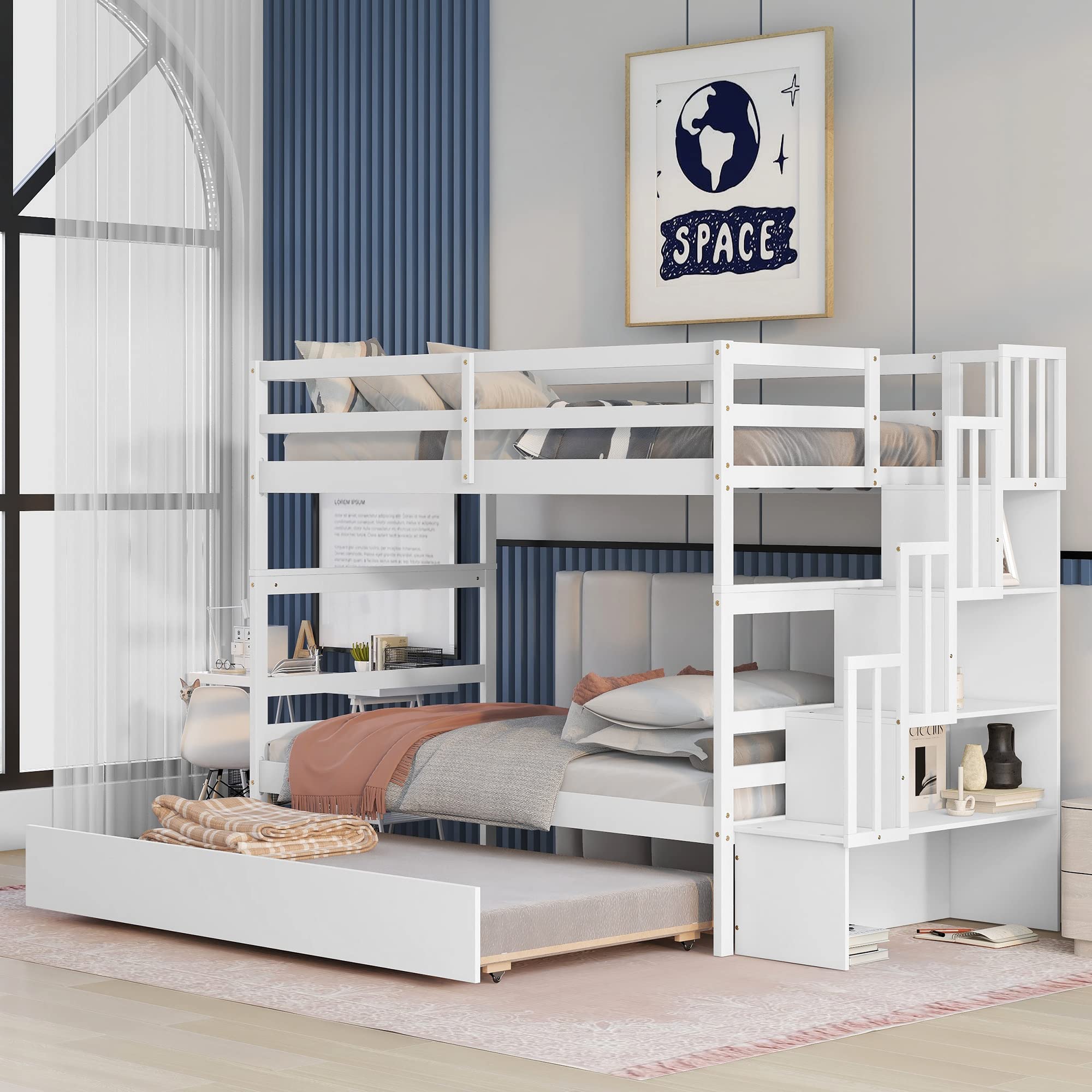 Harper & Bright Designs Twin Over Twin Solid Wood Bunk Bed with Staircase, Trundle & Storage Shelf - No Box Spring Needed - Perfect for Kids, Teens & Adults (White) - Ideal for Small Bedrooms, Guest Rooms & Vacation Homes