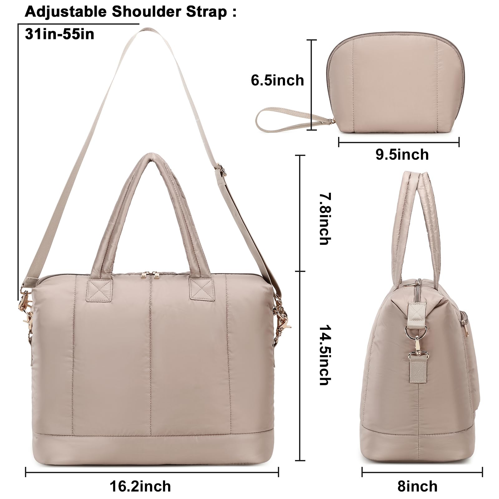Bluboon Women's Puffer Tote Weekender Bag with Zipper - Stylish Carry On Travel Bag for Airport, Work & Winter - Perfect for Business Trips, Weekend Getaways & Daily Commute