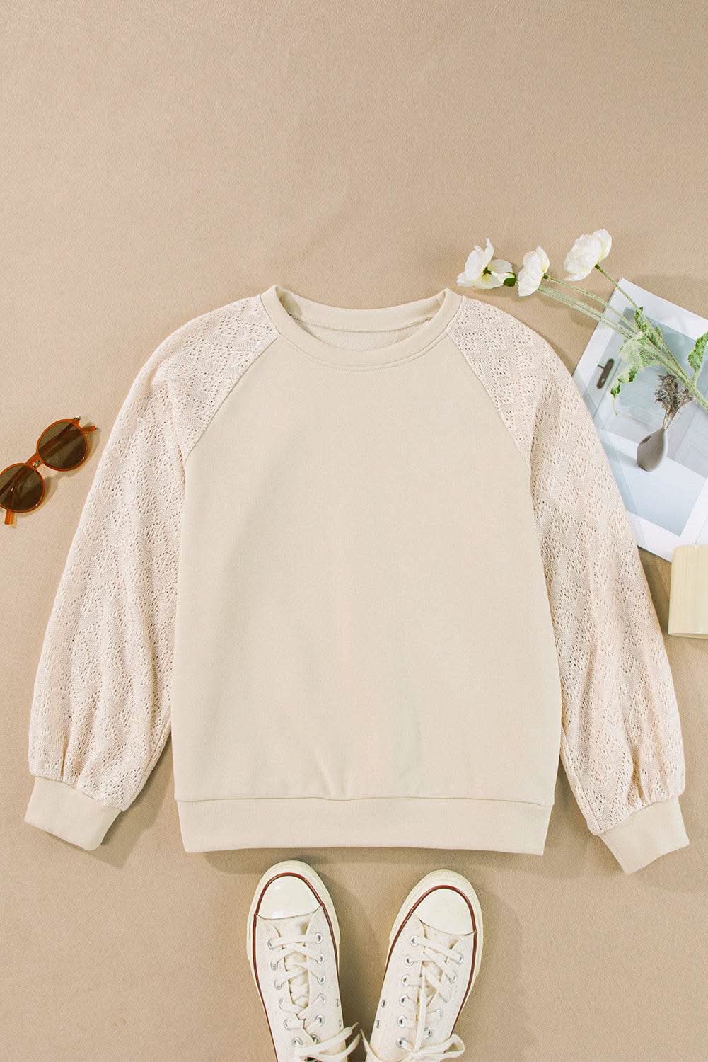 Stylish Knit Patchwork Pullover Sweater in Parchment | Trendy Women's Casual Wear for Fall & Winter | Perfect for Office, Dates & Weekend Outings
