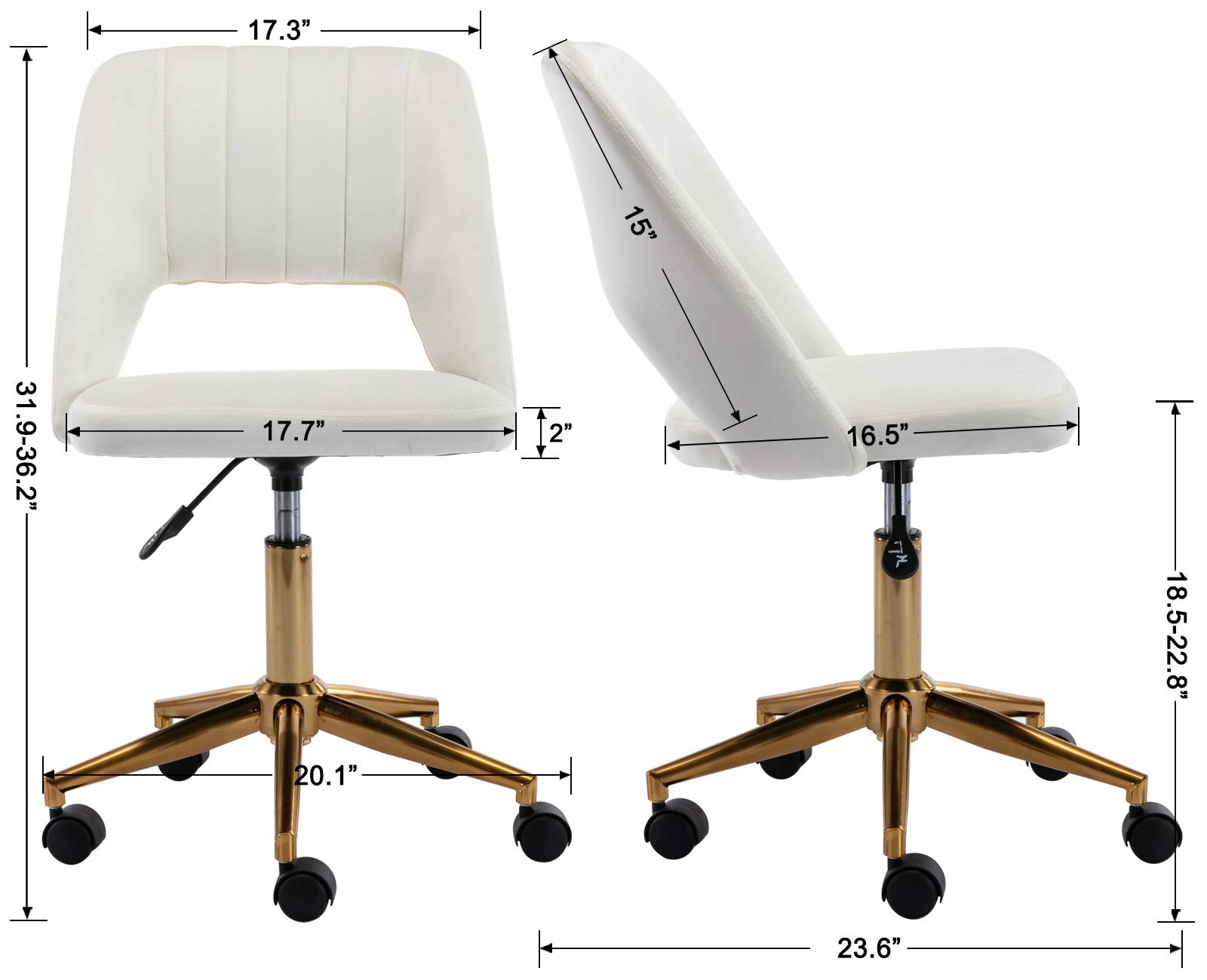 Velvet Office Desk Chair with Wheels - Mid Back Modern Home Office Chair, Small and Cute for Bedroom, White with Gold Base - Perfect for Home Office, Study, Dorm Room, and Small Spaces