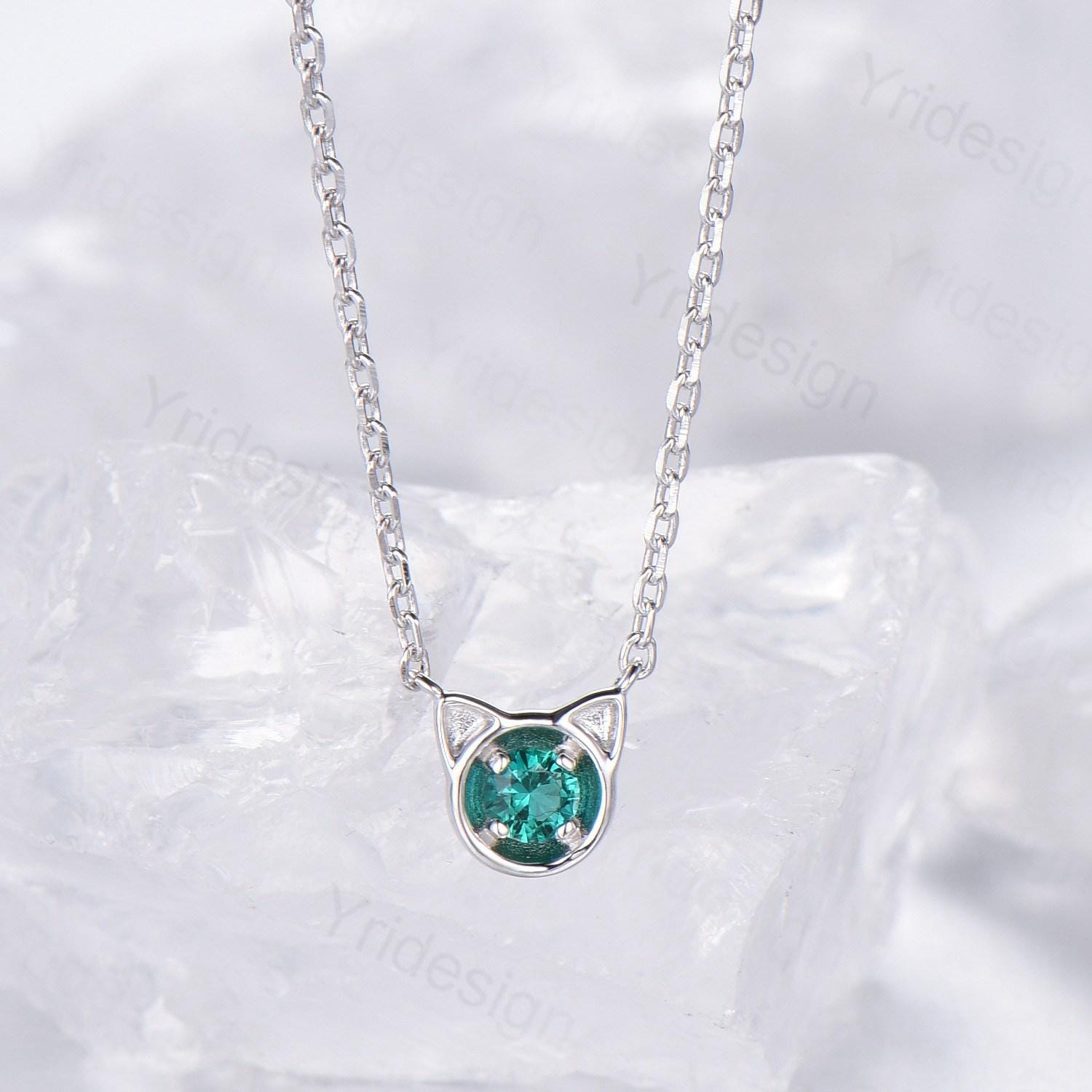 Emerald Cat Pendant Necklace in Sterling Silver or White Gold - Unique Personalized Jewelry Gift for Women, Cat Lovers, Daughters - Perfect for Anniversaries, Birthdays & Special Occasions