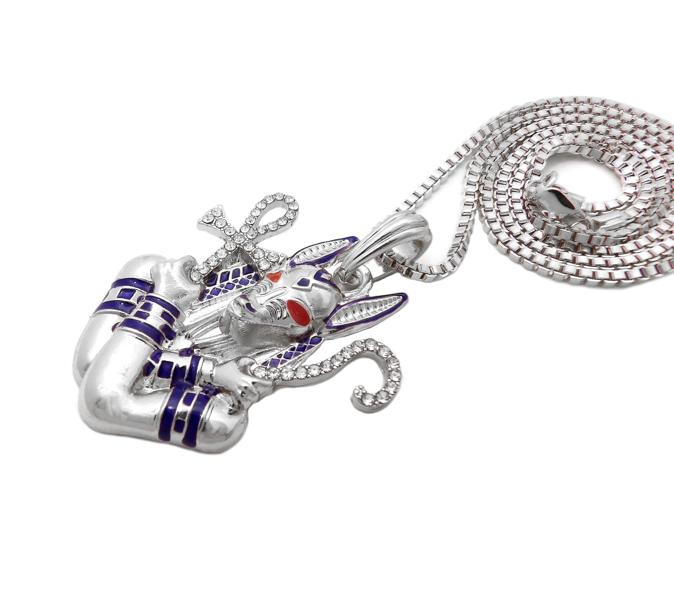 18K White Gold Iced Egyptian Anubis Pendant & Box Chain Necklace - 18/20/24 Inch Cuban Rope Chain for Men Hip Hop Jewelry - Perfect for Streetwear, Gifts & Special Occasions