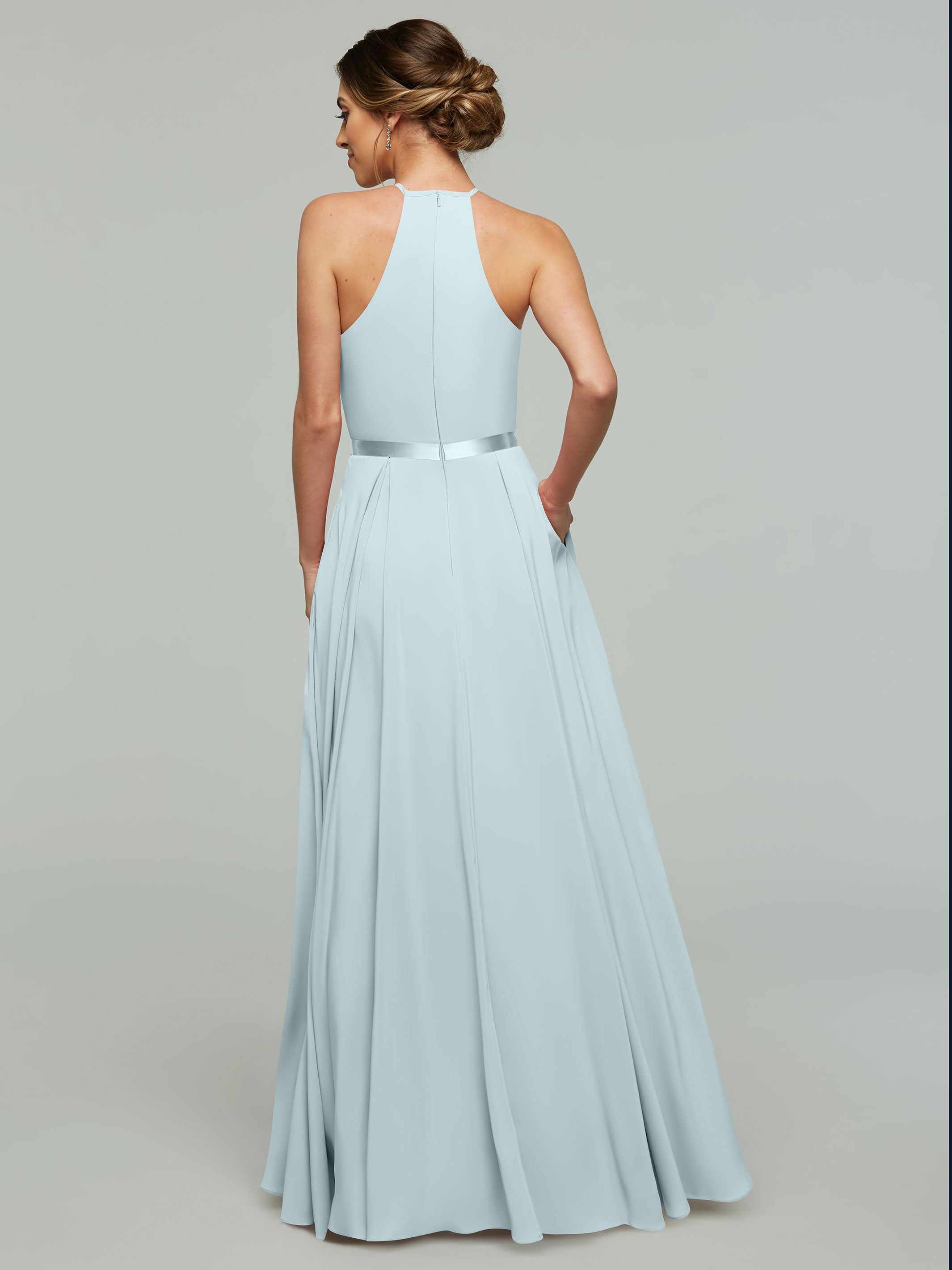 Elegant A-Line Stretch Chiffon Bridesmaid Dress with Halter Neckline & Waist Belt - Perfect for Weddings, Formal Events & Special Occasions
