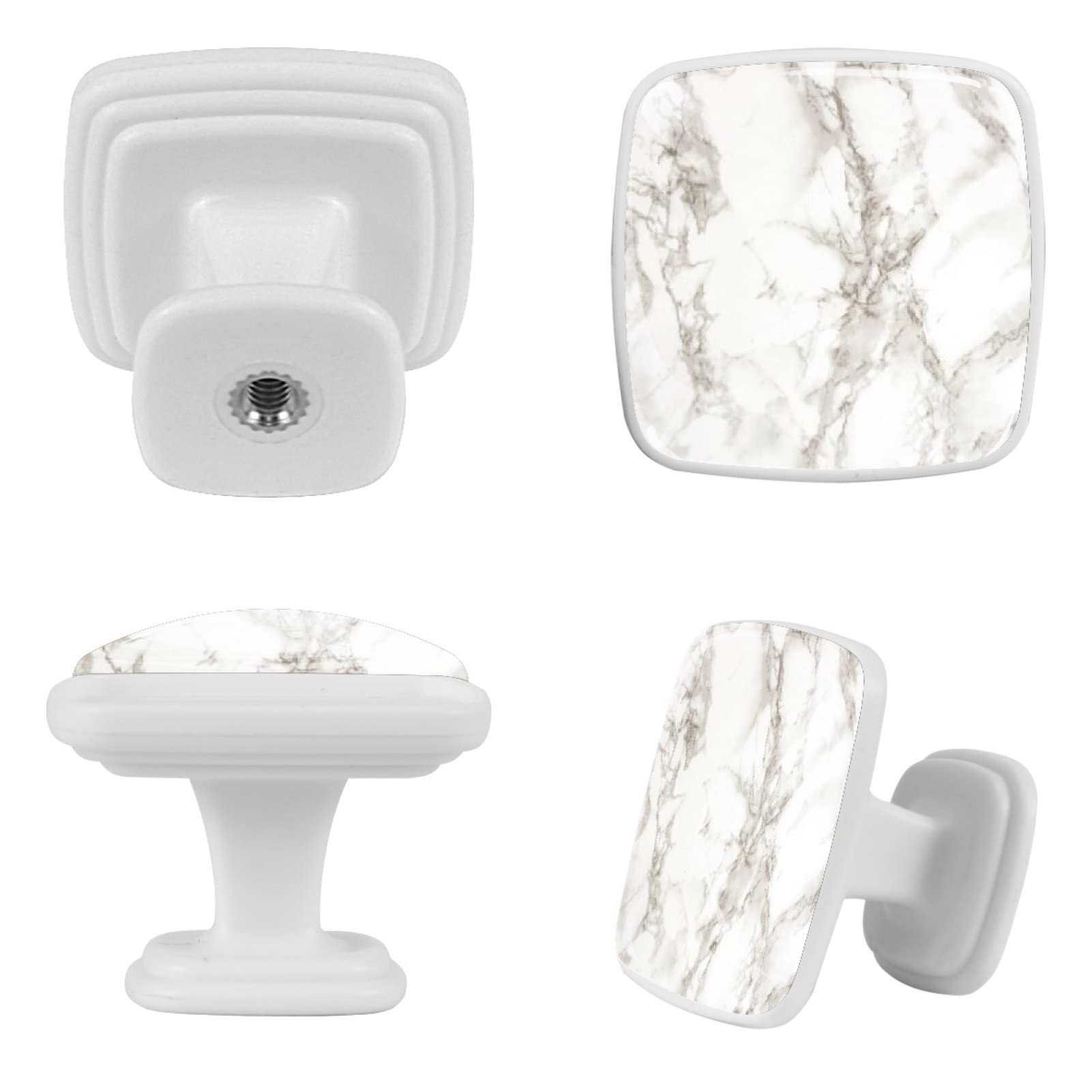 4-Pack White Marble Texture Crystal Glass Drawer Knobs - 30mm Square Cabinet Pulls for Kitchen, Dresser, Wardrobe & Cupboard - Ergonomic Furniture Handles for Easy Opening & Stylish Home Decor