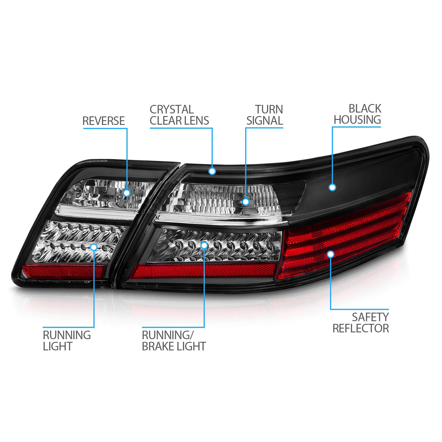2007-2009 Toyota Camry LED Black Replacement Tail Lights Set (4pcs) - Passenger & Driver Side - Enhanced Visibility & Style for Night Driving & Custom Car Upgrades