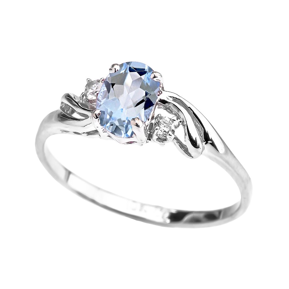 10K White Gold Oval Aquamarine & White Topaz 3-Stone Engagement Ring - Size 4 - Perfect for Proposals, Anniversaries & Special Occasions