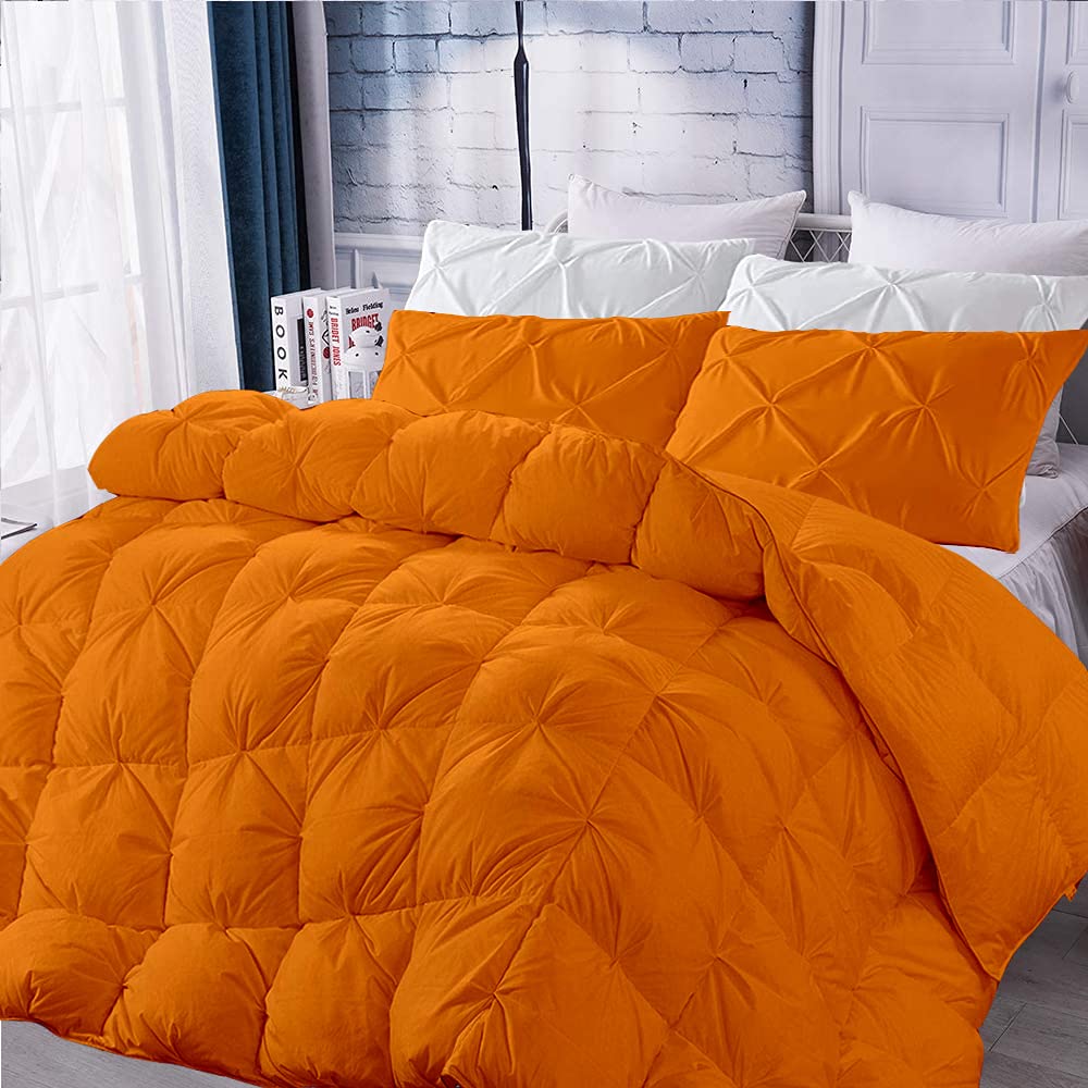 Khyati 1000 TC Cotton Quilted Pinch Pleated Comforter Set - 3 Piece King/California King Size (94x104 Inches) - Solid Orange Luxury Bedding for Master Bedroom, Guest Room & Dorm Decor