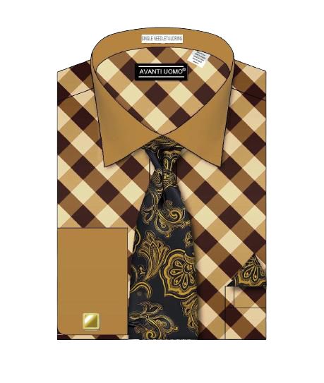 Avanti Uomo Diagonal Block Check Dress Shirt with Body Tone Collar & Cuffs - 100% Cotton Brown - Perfect for Business Casual & Office Wear