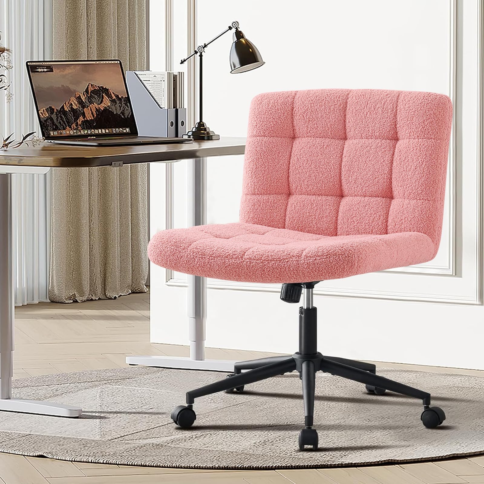 Furnimart Swivel Criss Cross Legged Office Chair with Wheels - Adjustable Height Armless Desk Chair with Comfy Seat, Faux Fur Pink - Perfect for Home Office, Vanity, Bedroom & Small Spaces
