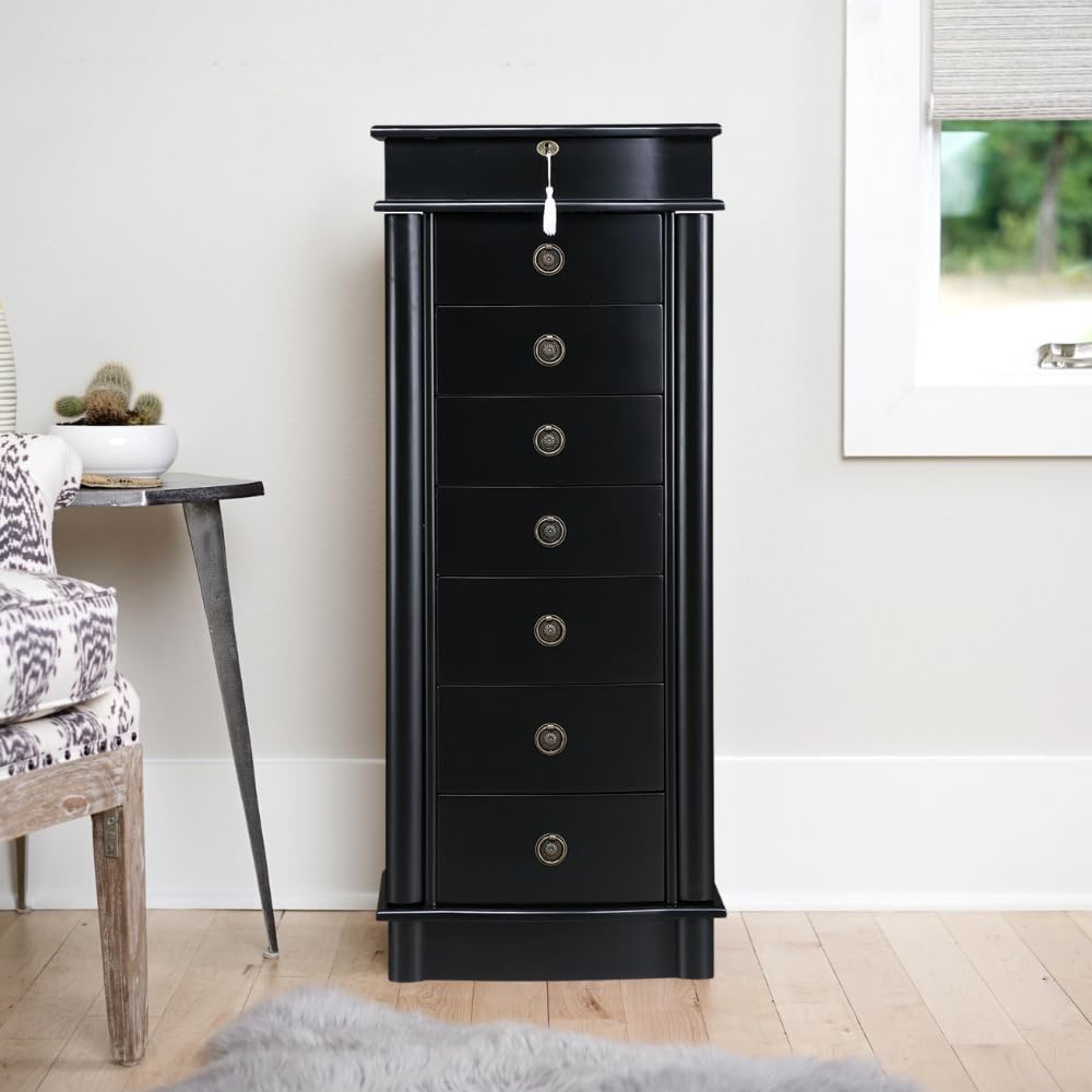 Noelle Locking Jewelry Armoire with Mirror & 7 Drawers - Necklace, Earring Organizer for Bedroom
