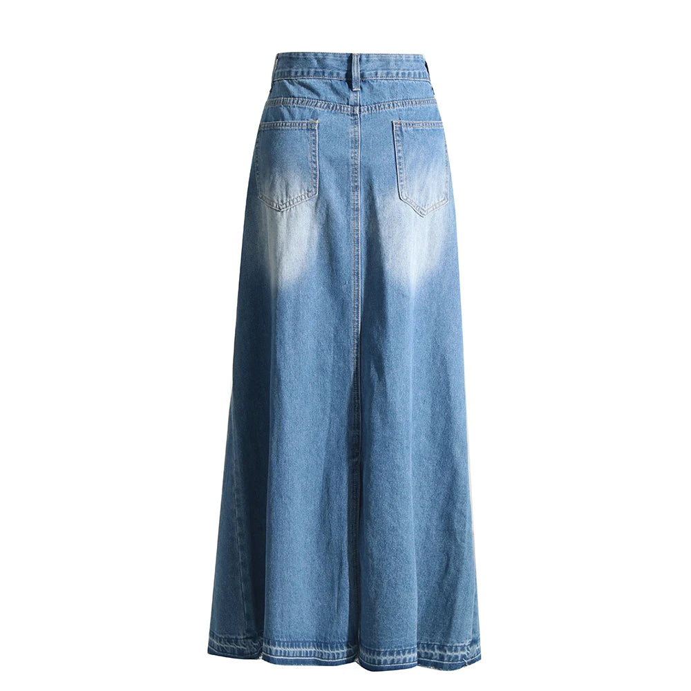 Women's High Waist A-Line Denim Skirt with Patchwork Pockets & Hollow-Out Design - Casual Fashion Skirt for Everyday Wear, Date Night & Office Outfits