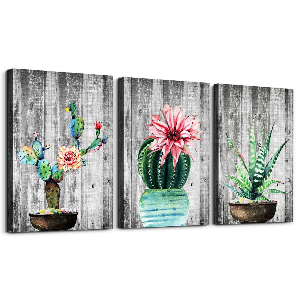 Cactus Watercolor Canvas Prints - 3 Piece Framed Wall Art Set for Living Room, Bedroom, Bathroom & Kitchen Decor | Green Plant Potted Painting with Wood Grain Texture | Home & Office Wall Decorations
