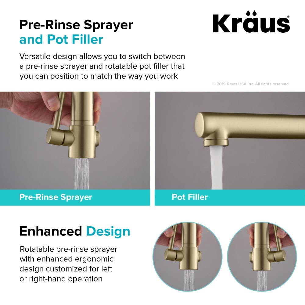 KRAUS Artec Pro 1st Gen Commercial Style Pre-Rinse Single Handle Kitchen Faucet with Pot Filler - Brushed Gold Finish, No Pull Down (KPF-1603BG) - Perfect for Modern Kitchens, Restaurants & Food Prep Areas