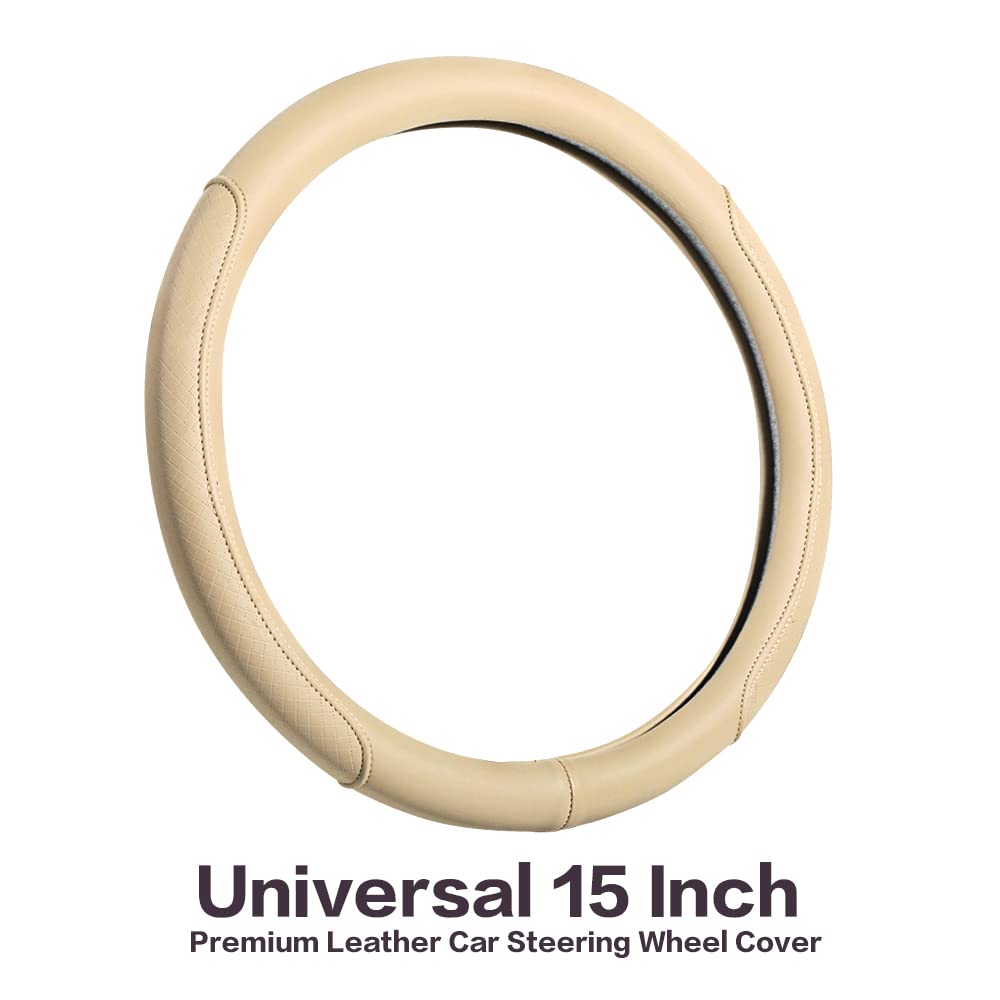 Premium Microfiber Leather Steering Wheel Cover - Classic Embossed Design, Anti-Slip & Breathable - Universal Fit for 15 Inch Wheels (Beige) | Perfect for Cars, Trucks & SUVs - Enhances Grip & Comfort for Daily Commutes & Road Trips