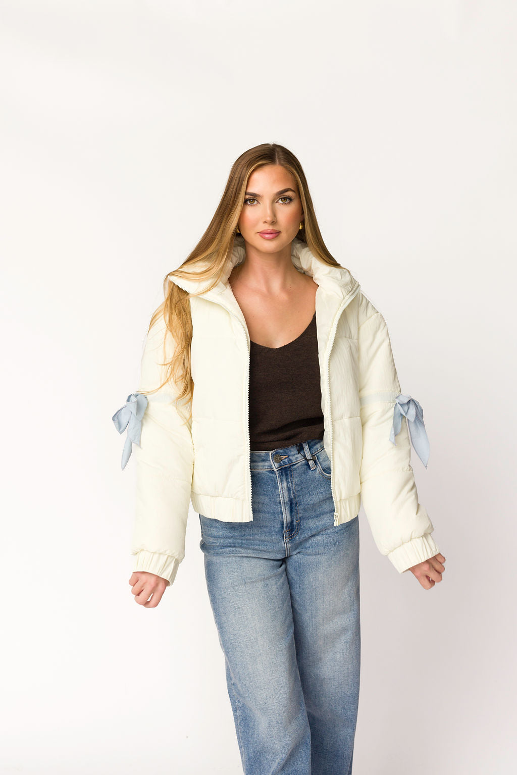 Andy Bow Cropped Puffer Jacket Women's Winter Coat - Lightweight Quilted Stand Collar Short Jacket in Bone White | Fashion Outerwear for Casual Outings, Street Style & Cold Weather