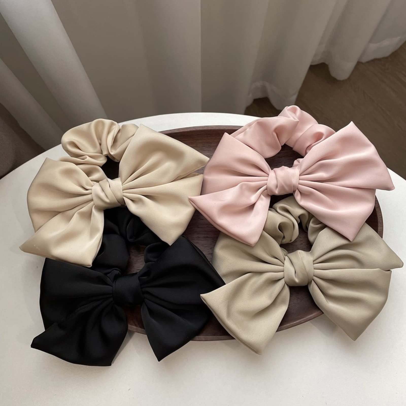 4Pcs Silk Scrunchies for Women - Retro Satin Bow Hair Ties, Gentle Hair Bands for Thick or Thin Hair | Perfect for Workouts, Office, Wedding & Everyday Use