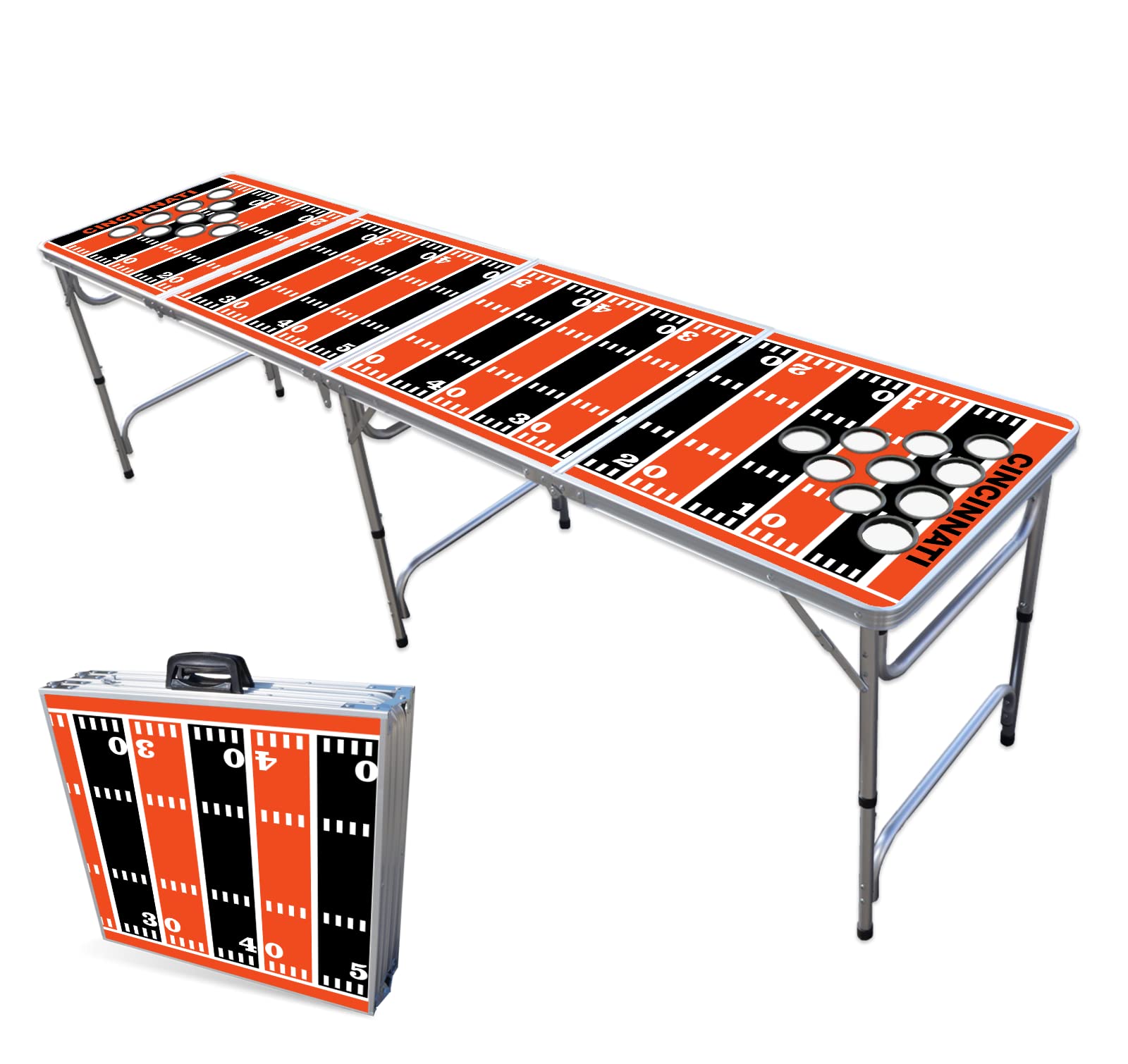 8-Foot Folding Portable Beer Pong Table with LED Lights & Cup Holders - Cincinnati Football Field Design for Parties, Tailgates & Outdoor Games (Multiple Models Available)