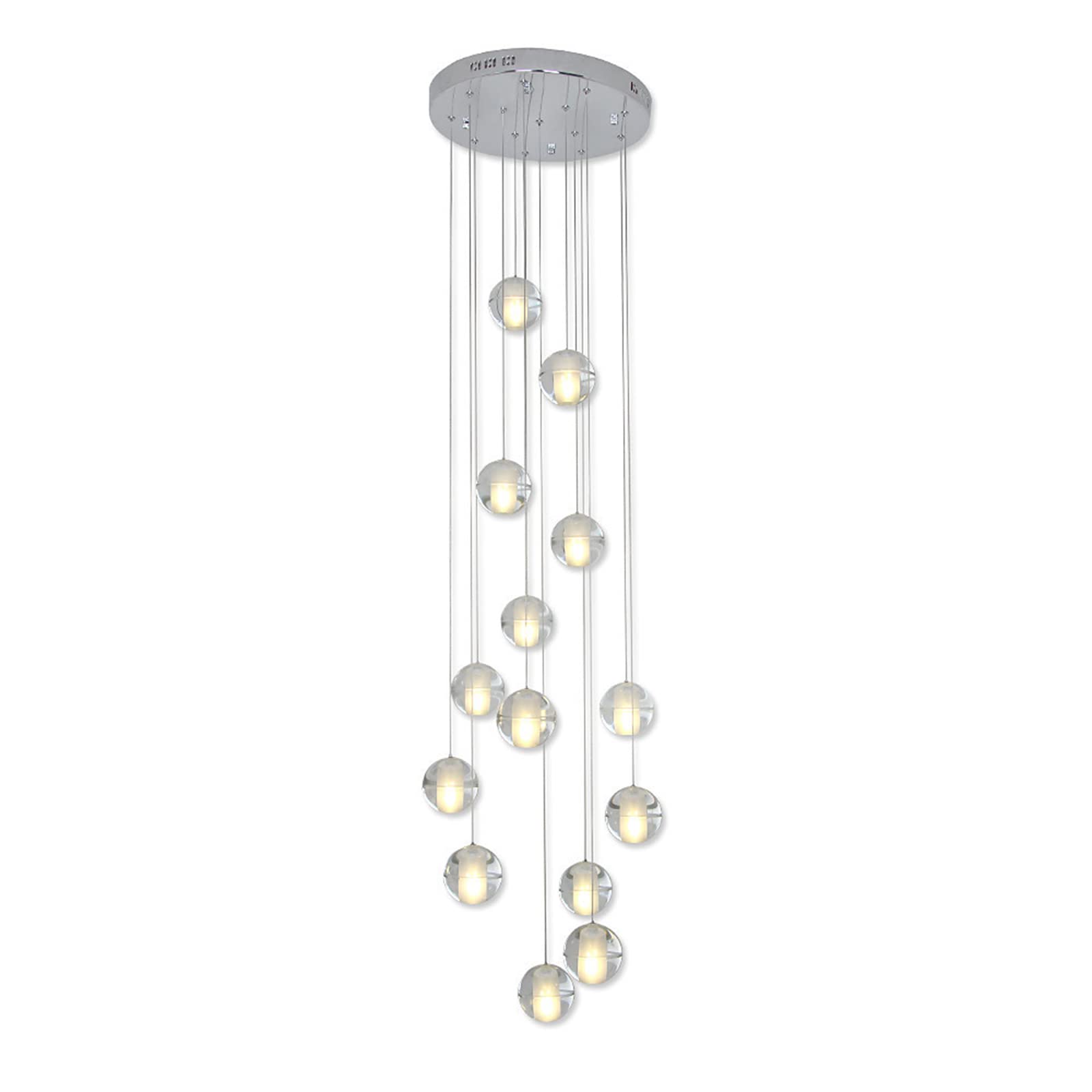 14 Heads Crystal Ball Pendant Light - Modern Adjustable Height Chandelier with Warm White LED (42W) for Living Room, Spiral Staircase, Hallway & Dining Room Lighting
