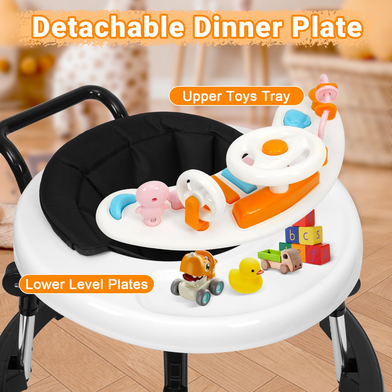 Foldable Music & Lights Baby Walker with 9 Adjustable Heights - Portable Wheeled Activity Center for Boys & Girls 7-18 Months (New Black) - Perfect for Learning to Walk & Indoor Playtime