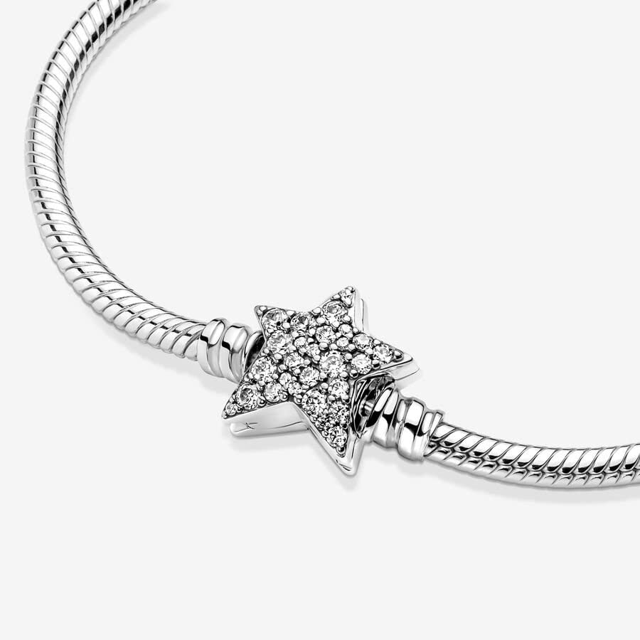 PANDORA Moments Asymmetric Star Clasp Snake Chain Bracelet for Women - Sterling Silver Charm Bracelet with Clear Cubic Zirconia - Elegant Gift for Her with Gift Box - Perfect for Birthday, Anniversary & Special Occasions