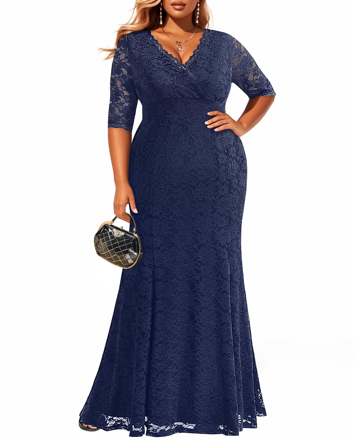 Plus Size Wedding Dresses for Bride - Elegant Mermaid Formal Evening Gown with Wrap Neck & Lace Details | Perfect for Beach Weddings, Vow Renewals & Special Occasions