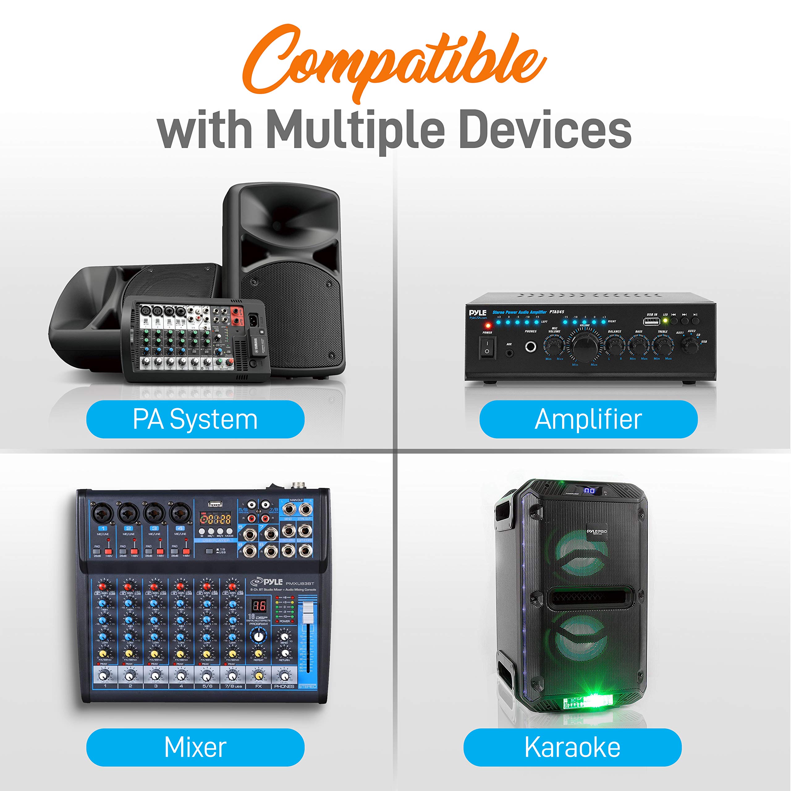 Pyle 2 Channel Wireless Microphone System with Headset & Lavalier Mics - 2X120W Bluetooth Stereo Power Amplifier with Mixing Modes for Karaoke, Home Theater & Live Performances