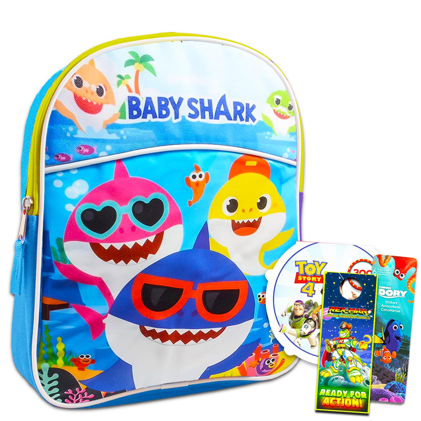 Baby Shark 11 Inch Mini Backpack for Kids - 4 Piece School Supplies Set with Small Backpack, Toy Story & Finding Dory Stickers, and Door Hanger | Perfect for Preschool, Kindergarten, and Daycare Use