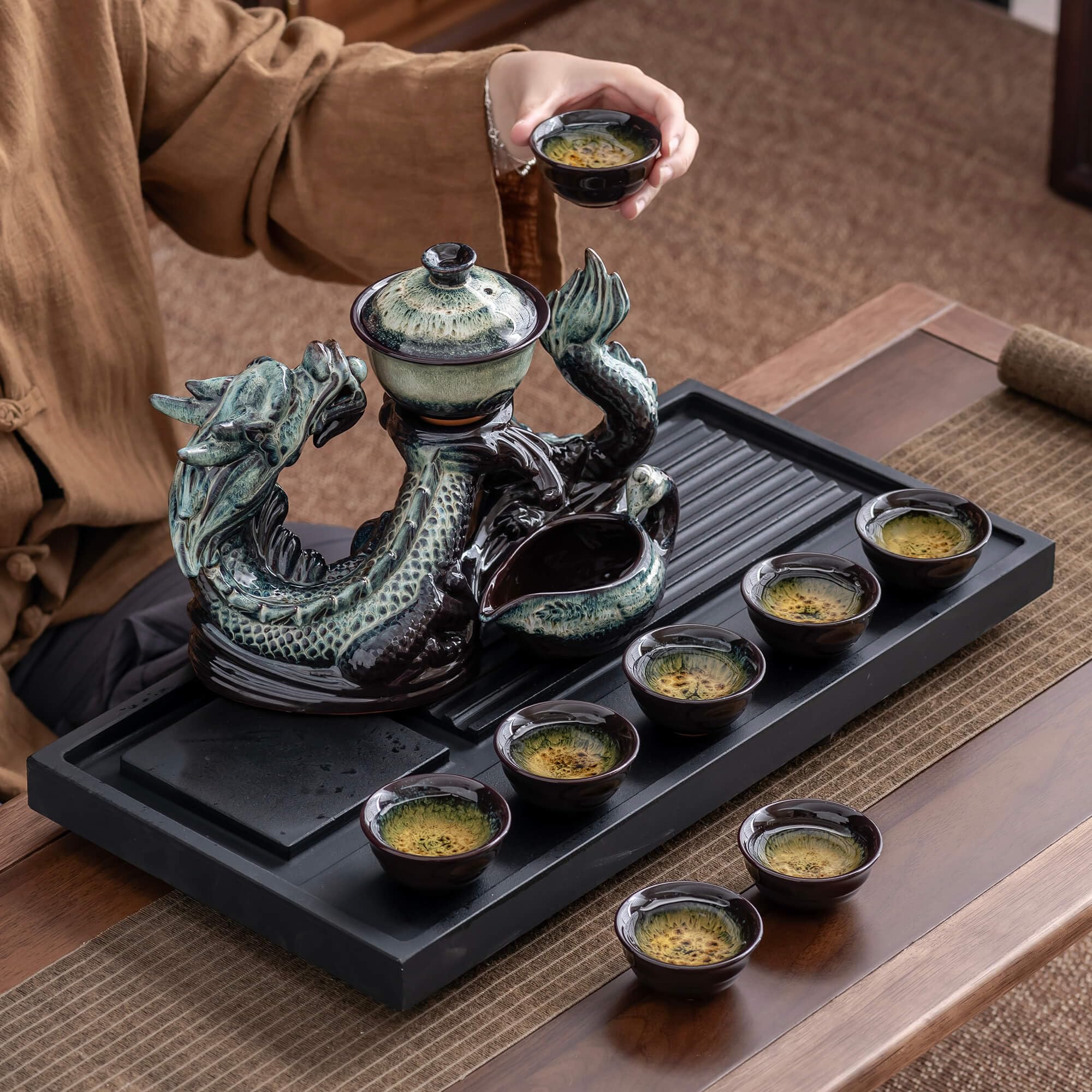 Premium Ceramic Teapot with Removable Infuser - 8 Cup Semi-Automatic Tea Set in Stunning Gradient Dragon Design - Perfect for Home, Office, and Gift Giving