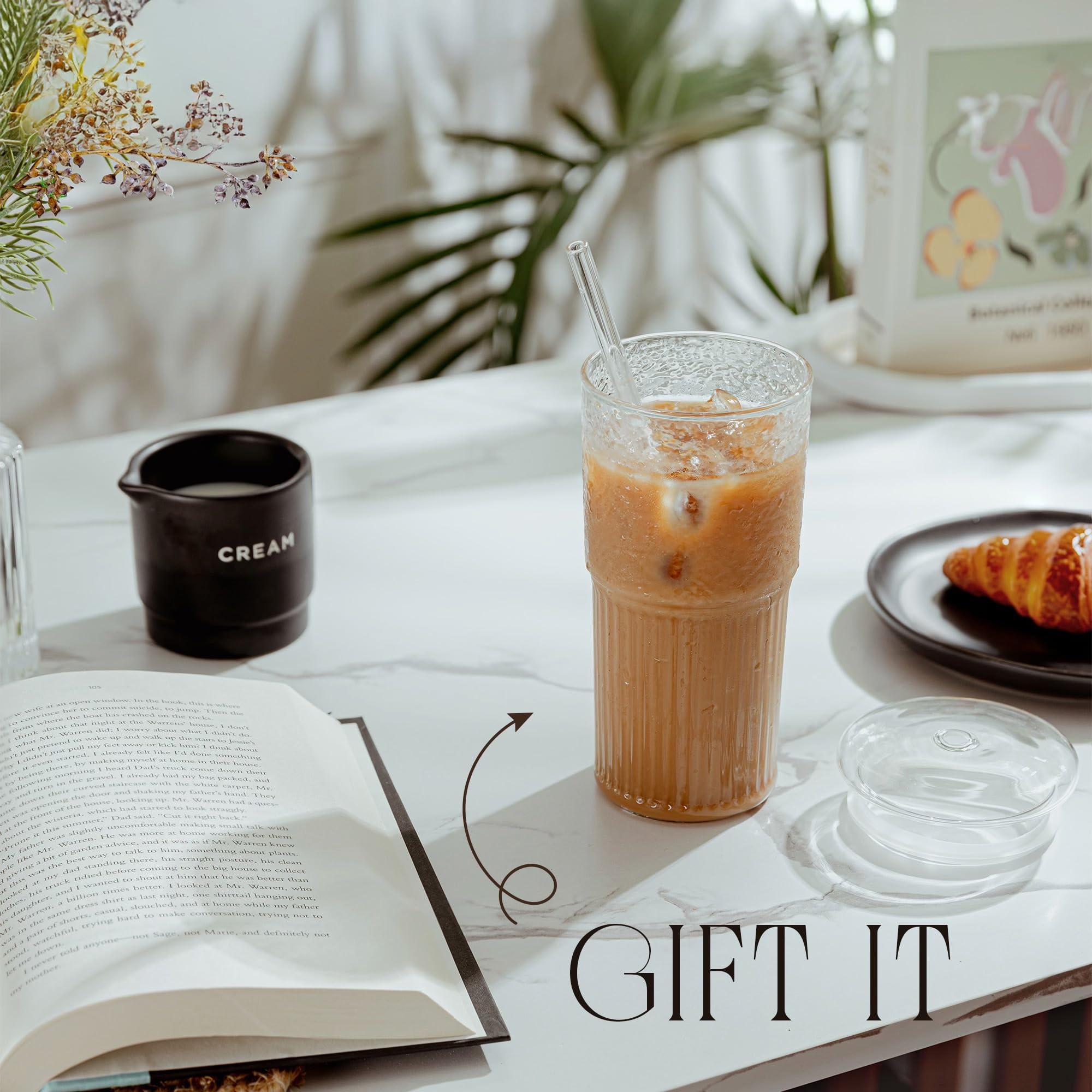 20oz Borosilicate Glass Tumbler with Lid & Straw - 2 Pack Iced Coffee Cup Set for Hot/Cold Drinks, Perfect for Home, Office, and Travel Use