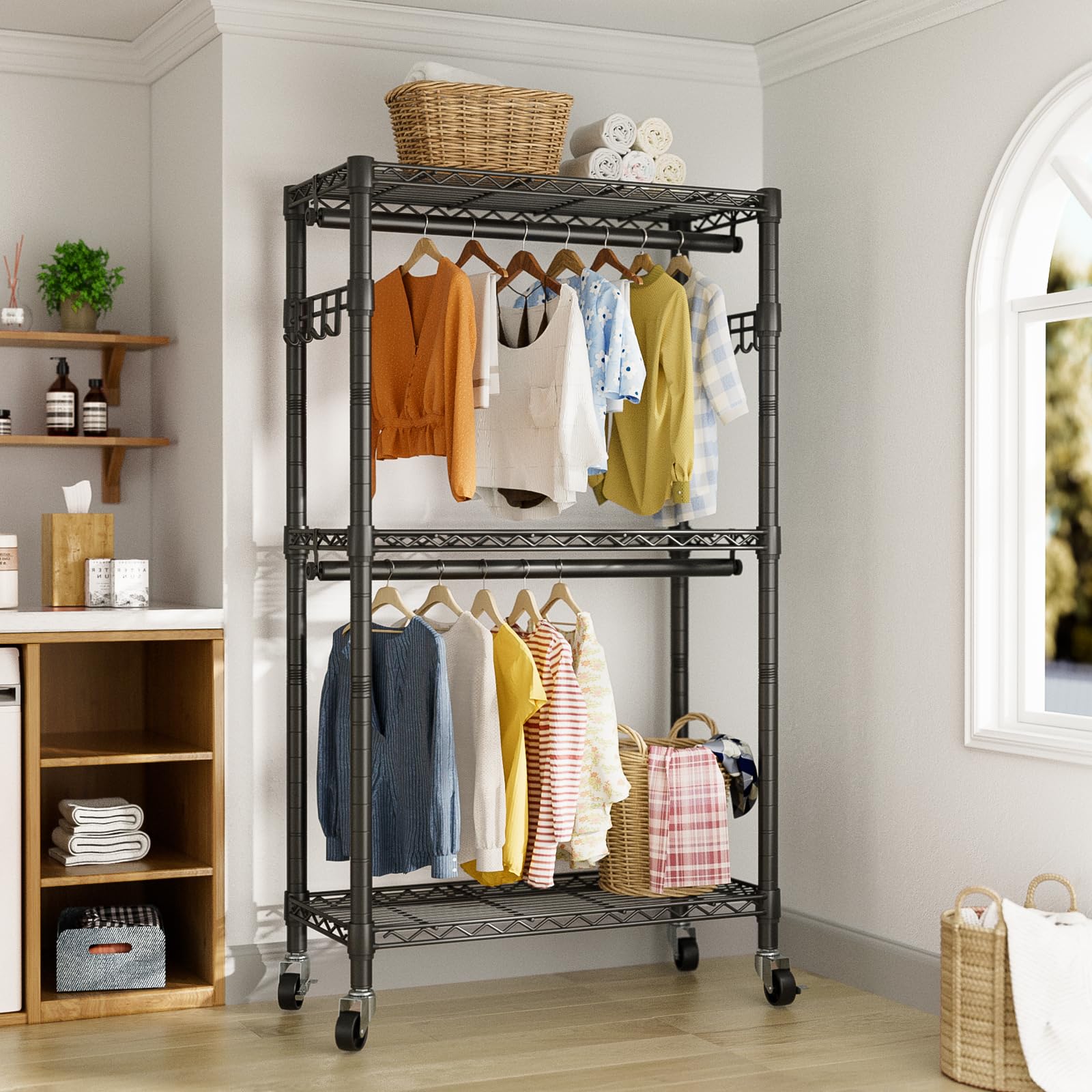 Heavy Duty Rolling Garment Rack with 3-Tier Adjustable Wire Shelves - Double Rods & Side Hooks for Hanging Clothes | Freestanding Wardrobe Storage | Portable Metal Closet Organizer for Bedroom, Laundry Room, or Retail Store