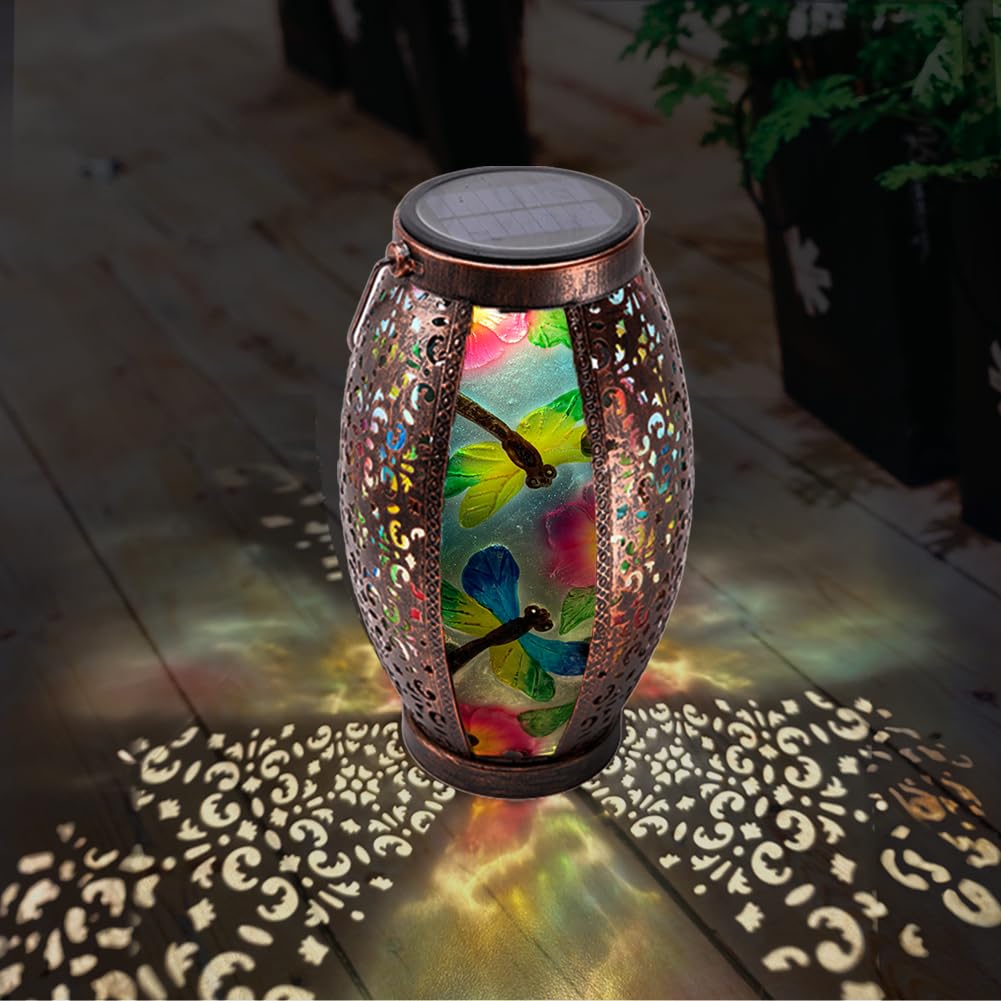 Outdoor Solar Lantern with Hollowed-Out Dragonfly Design - Waterproof Glass & Metal Hanging Light for Patio, Garden, Tabletop - Solar Powered Decorative Lighting for Outdoor Parties, Camping, and Backyard Decor