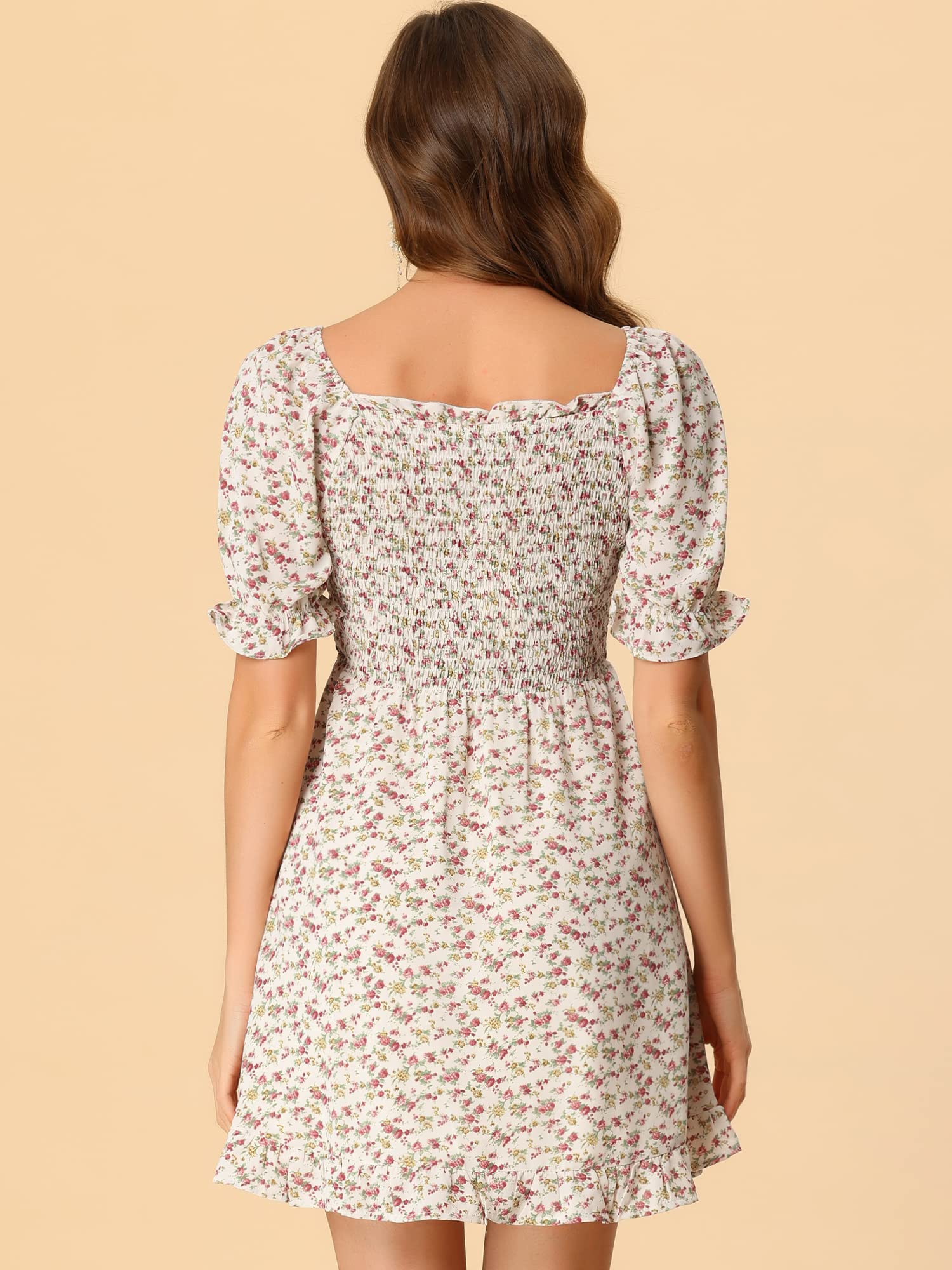 Allegra K Women's Floral Smocked Square Neck Puff Sleeve Ruffled Dress - Perfect for Summer Parties, Weddings & Date Nights