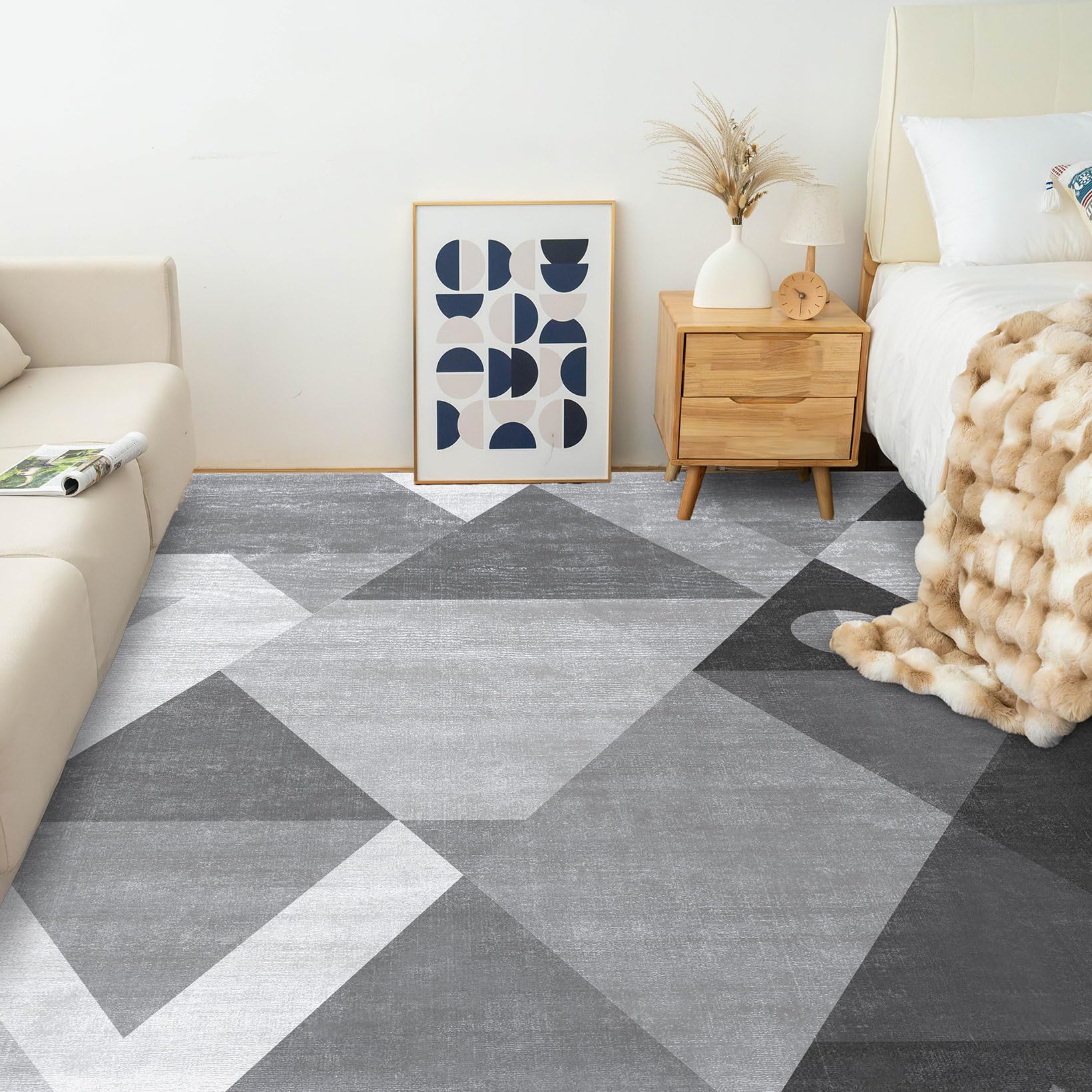 Washable Modern Area Rug 9x12 - Geometric Design Non Slip Living Room Rug, Soft Bedroom Carpet Machine Washable Non Shedding - Grey 9'x12' for Home Decor & Cozy Spaces