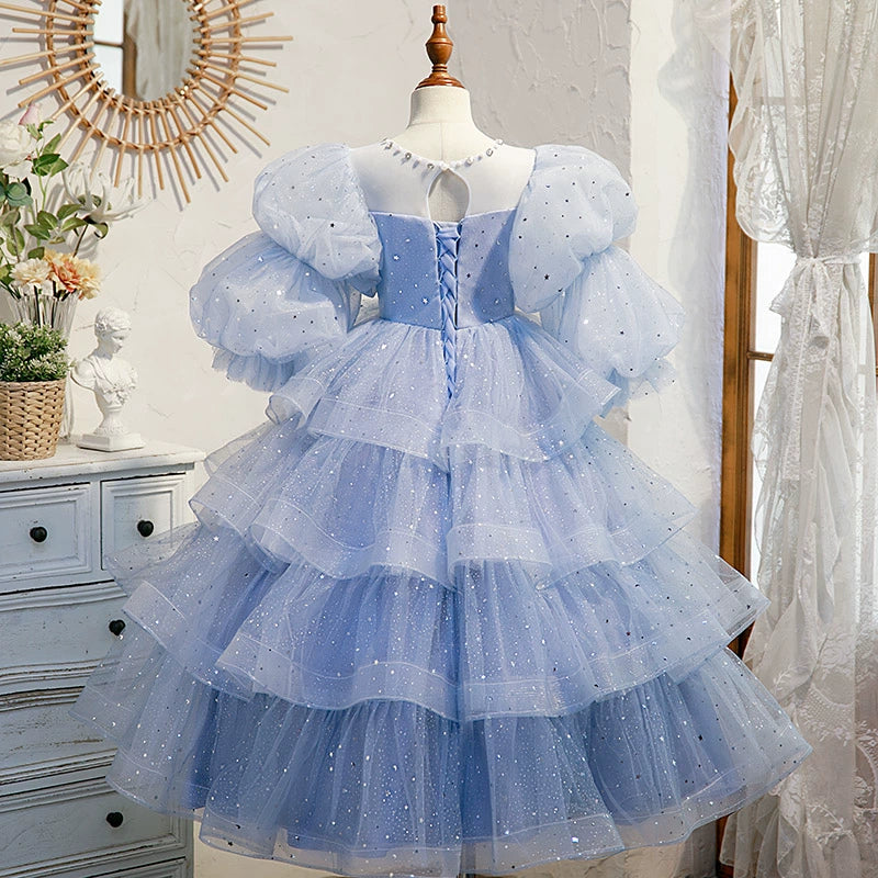 Royal Blue Organza Flower Girl Dress with Princess Round Neckline - Perfect for Weddings, Baptisms & Special Occasions
