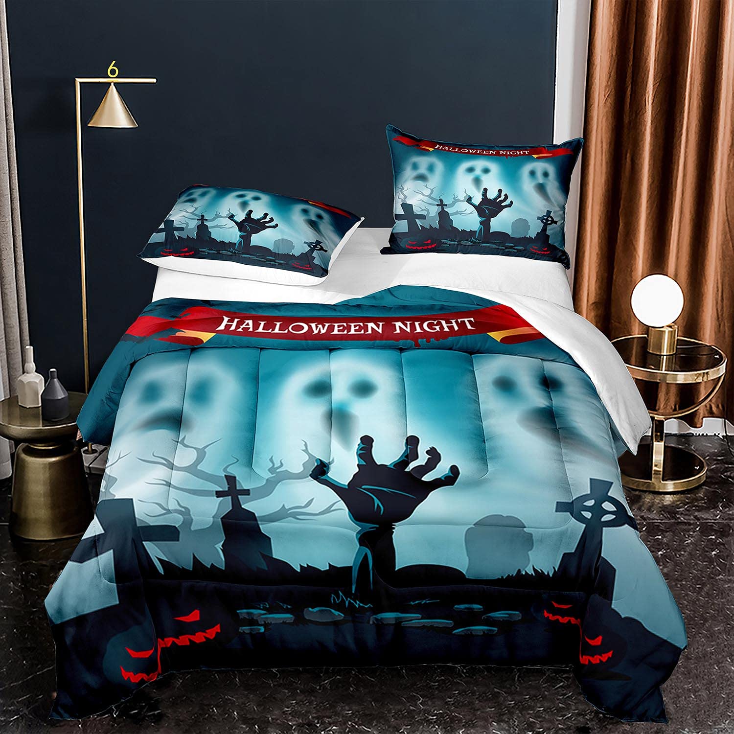 EDUMEYA Halloween Night Bedding Set - King Size Pumpkin Lantern Zombie Ghost Comforter & 2 Pillowcases for Adults & Kids | Spooky Bedroom Decor for Halloween Party & Themed Sleepovers