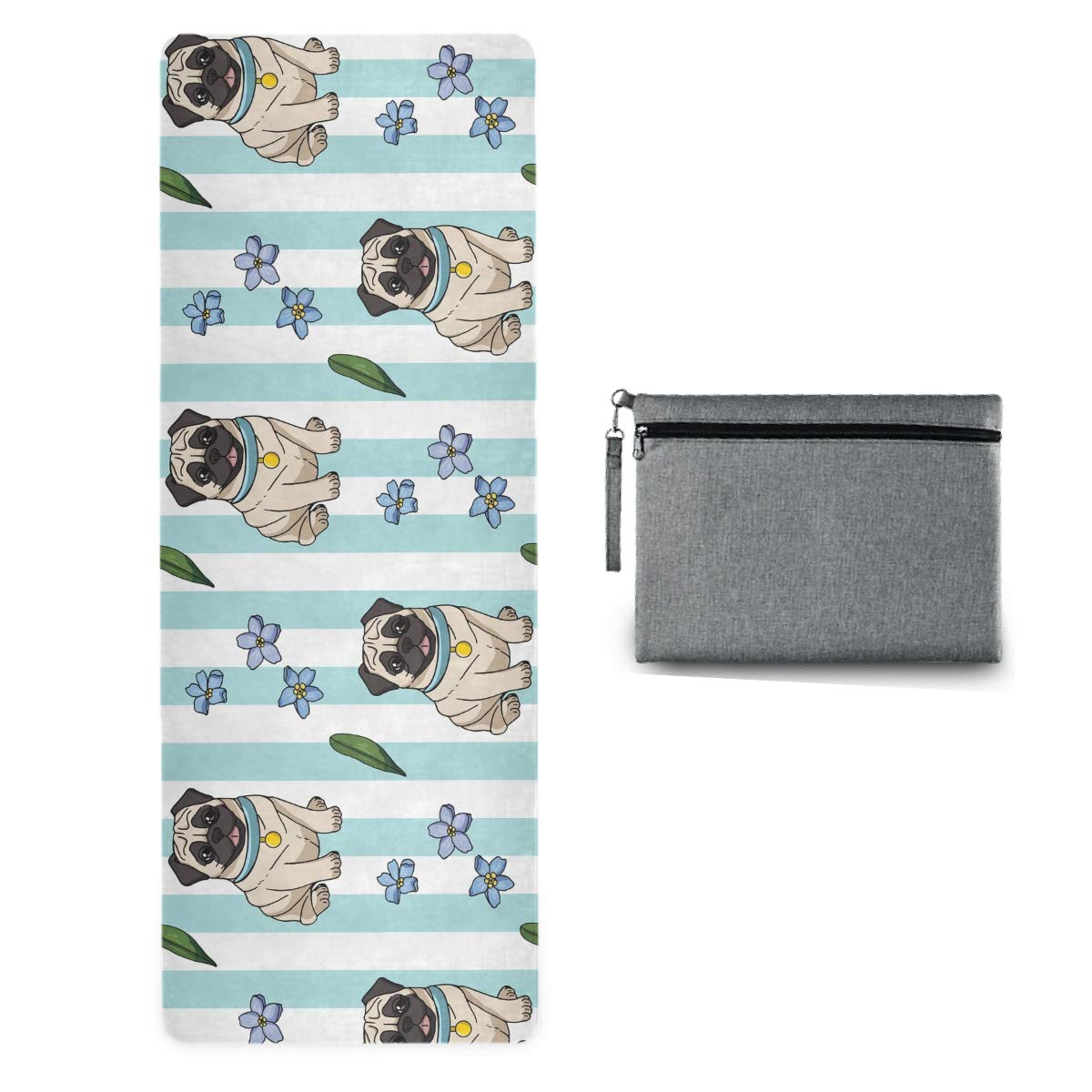 Premium Non-Slip Travel Yoga Mat with Cute Cartoon Pugs Design - Foldable, Lightweight Exercise Mat with Carry Bag & Sweat Absorbent Cover - Ideal for Yoga, Pilates, Home Workouts & Travel Fitness