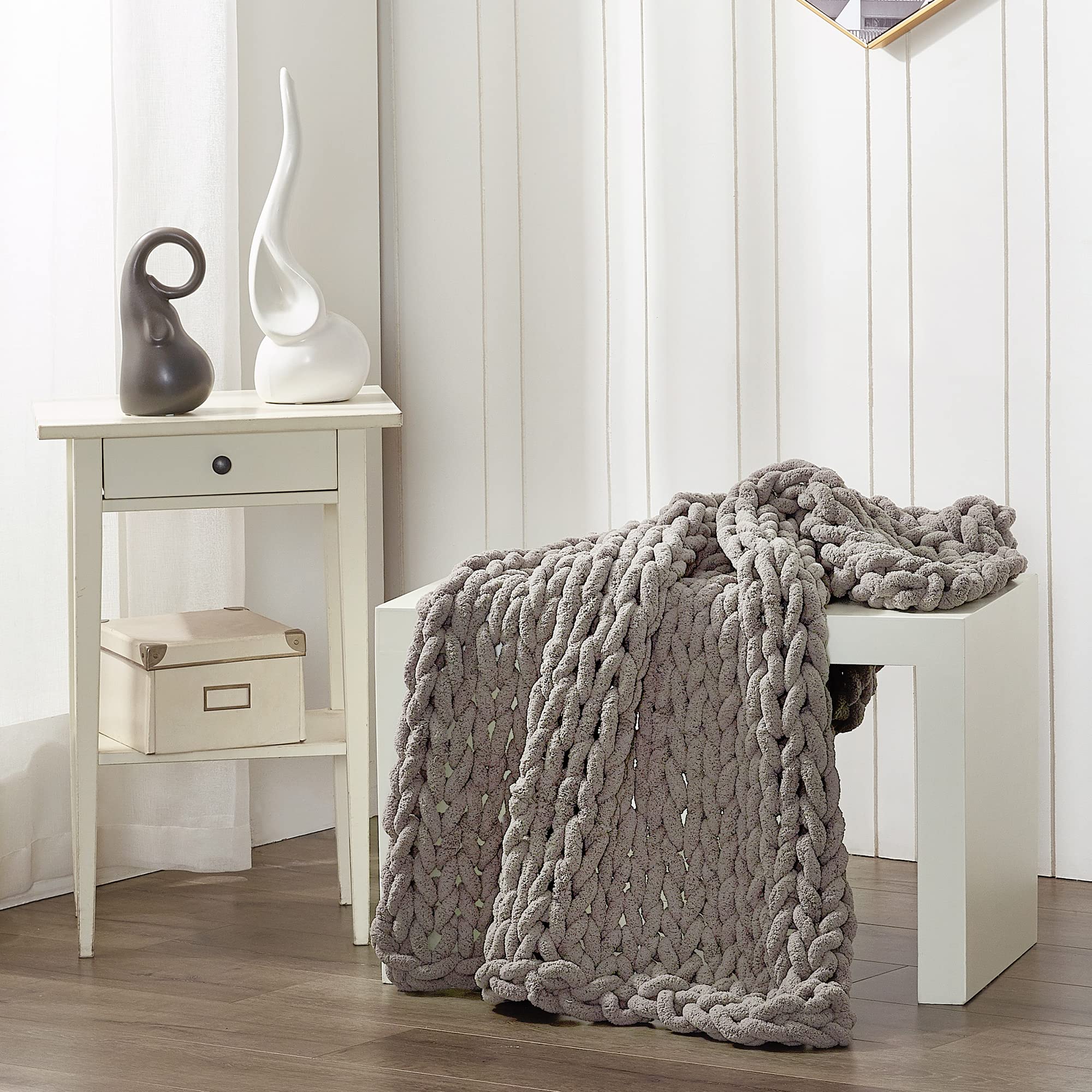 Donna Sharp Chenille Knitted Dove Throw Blanket - Oversized Loop Pattern Contemporary Decorative Blanket for Sofa, Bed & Home Decor | Cozy Living Room Accent